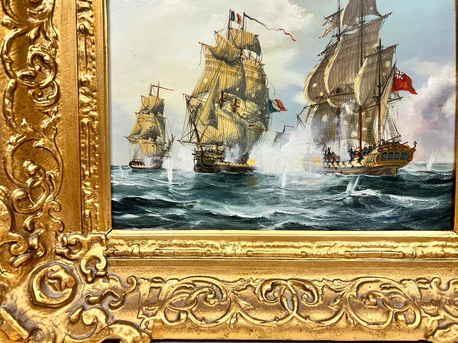 English School Oil Painting Napoleonic Wars Naval Engagement Battle at Sea For Sale 1