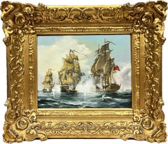 Peinture à l'huile de l'école anglaise des guerres napoléoniennes - Engagement - bataille navale en mer