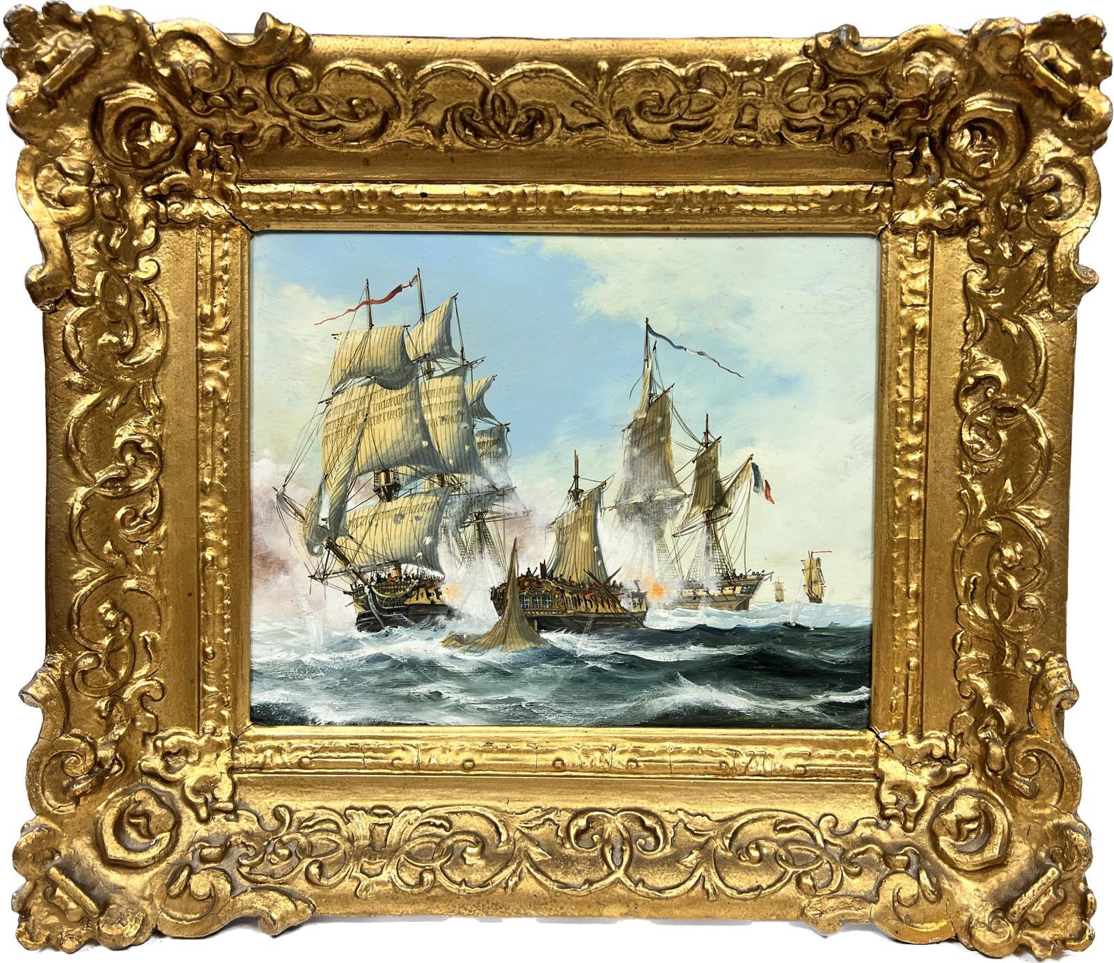 Contemporary English School Landscape Painting - Naval Engagement Napoleonic Wars Sea Battle Fine English Oil Painting 