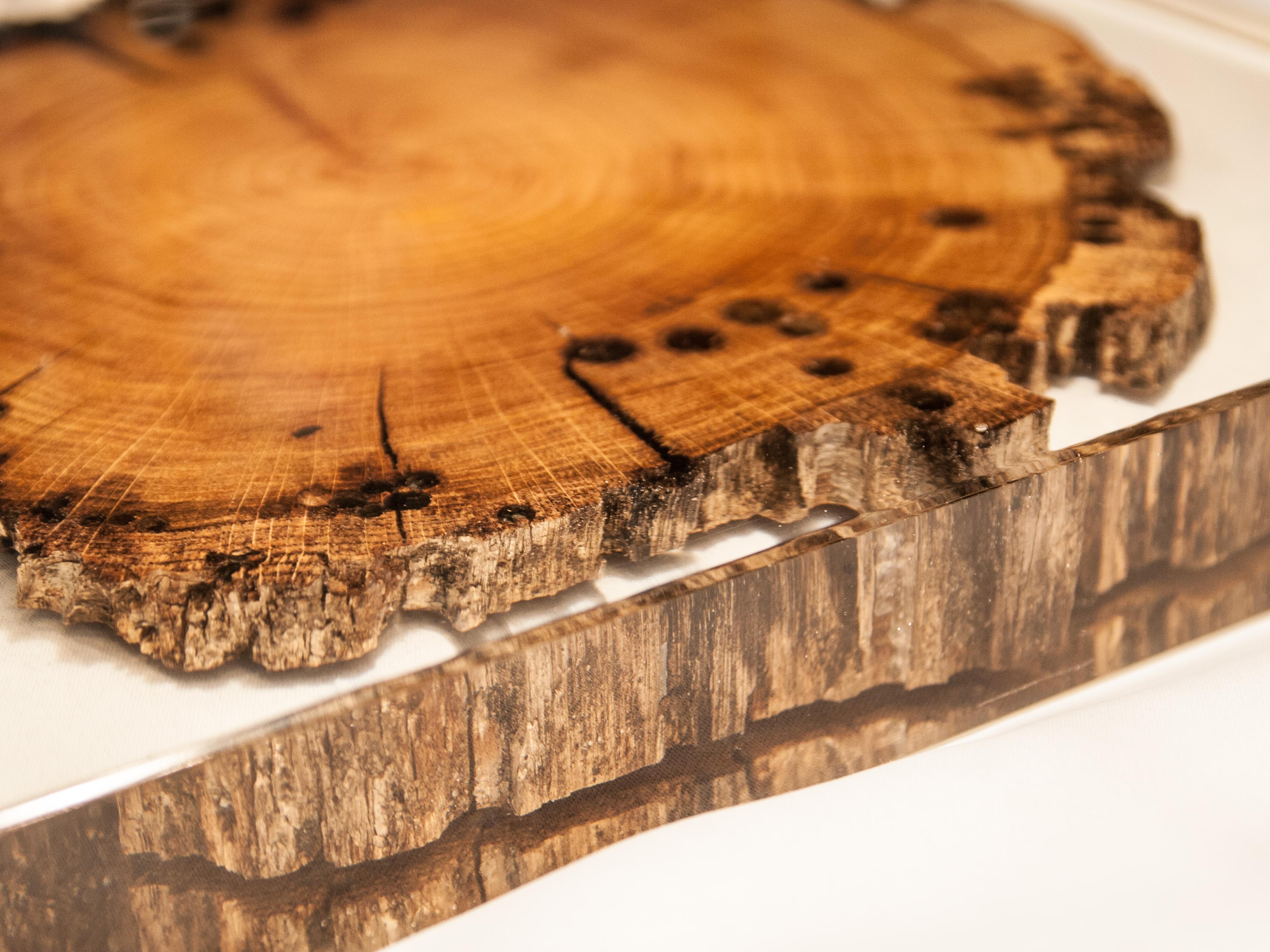 Contemporary Epoxy Resin Oval Dining Table with a Slice of Olive Tree Trunk For Sale 3