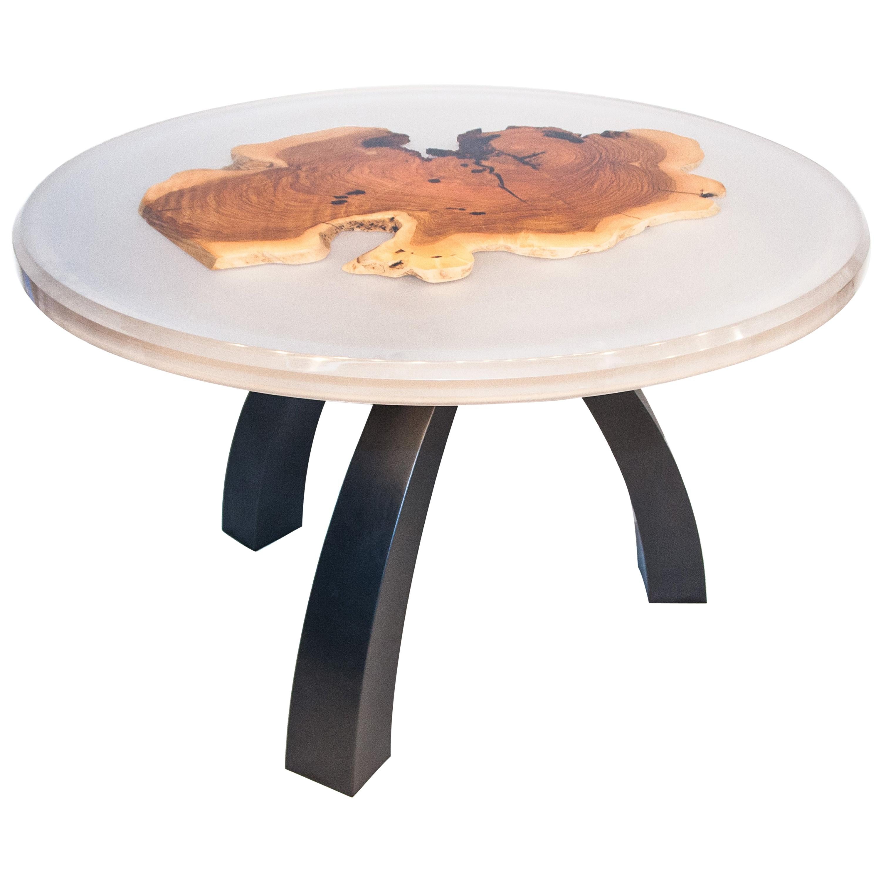 Contemporary Epoxy Resin round Dining Table with a Slice of Olive Tree Trunk For Sale
