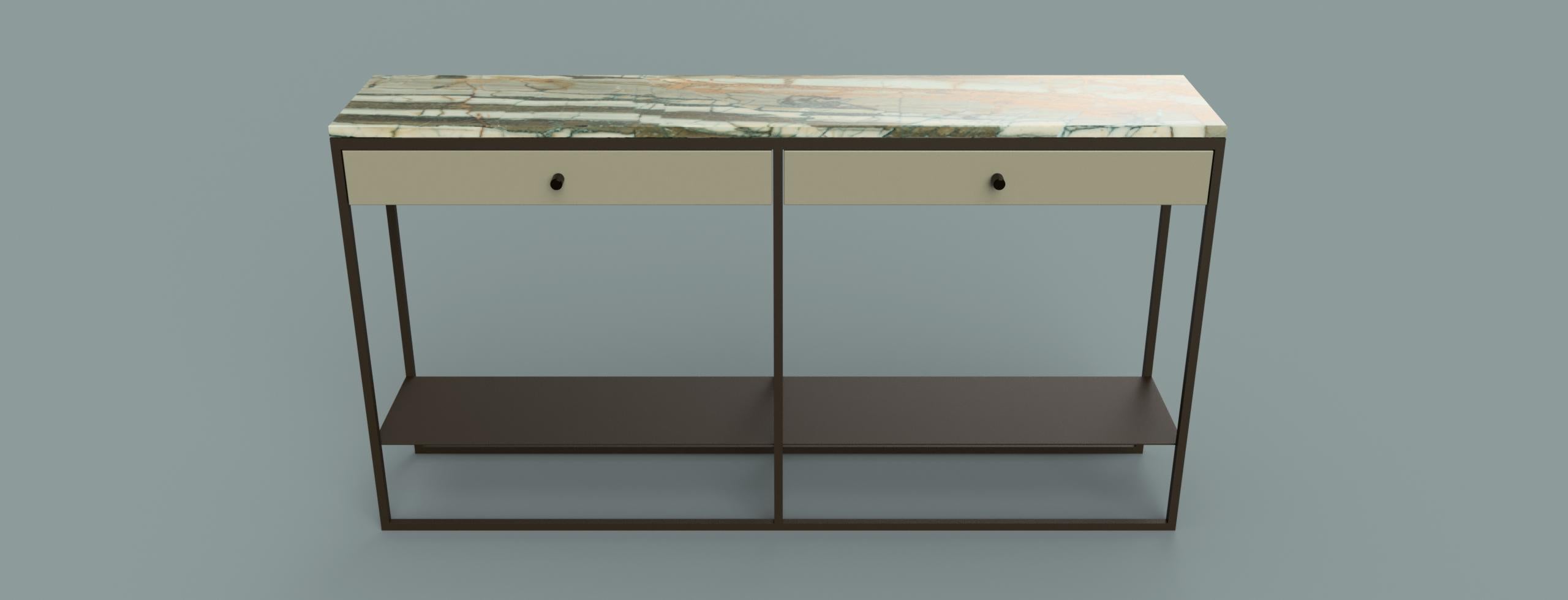 Moderne Console contemporaine Éros avec tiroirs en marbre et acier poudré en vente