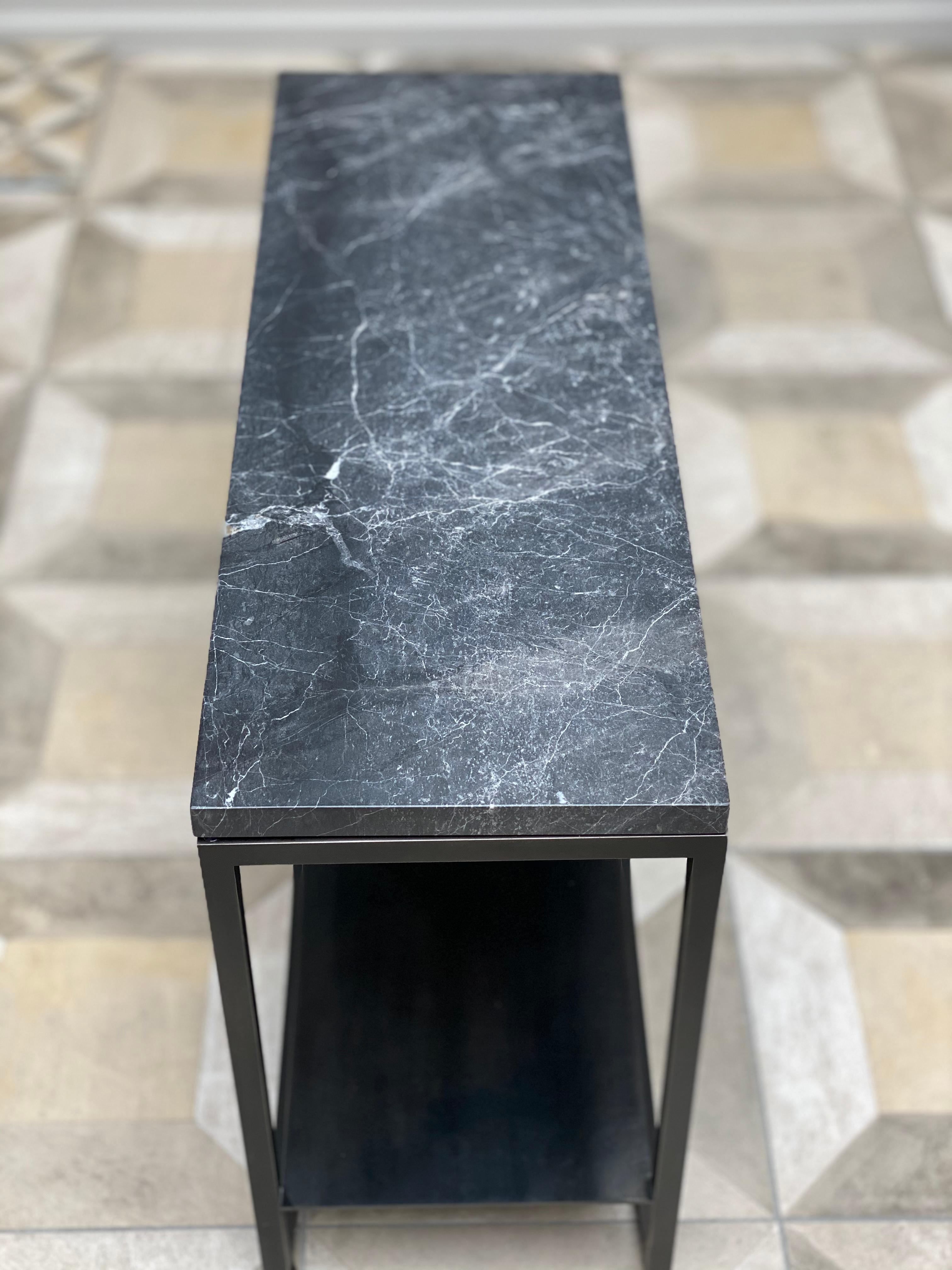 British Contemporary Eros Side Table in Nero Marble and Blackened Steel For Sale