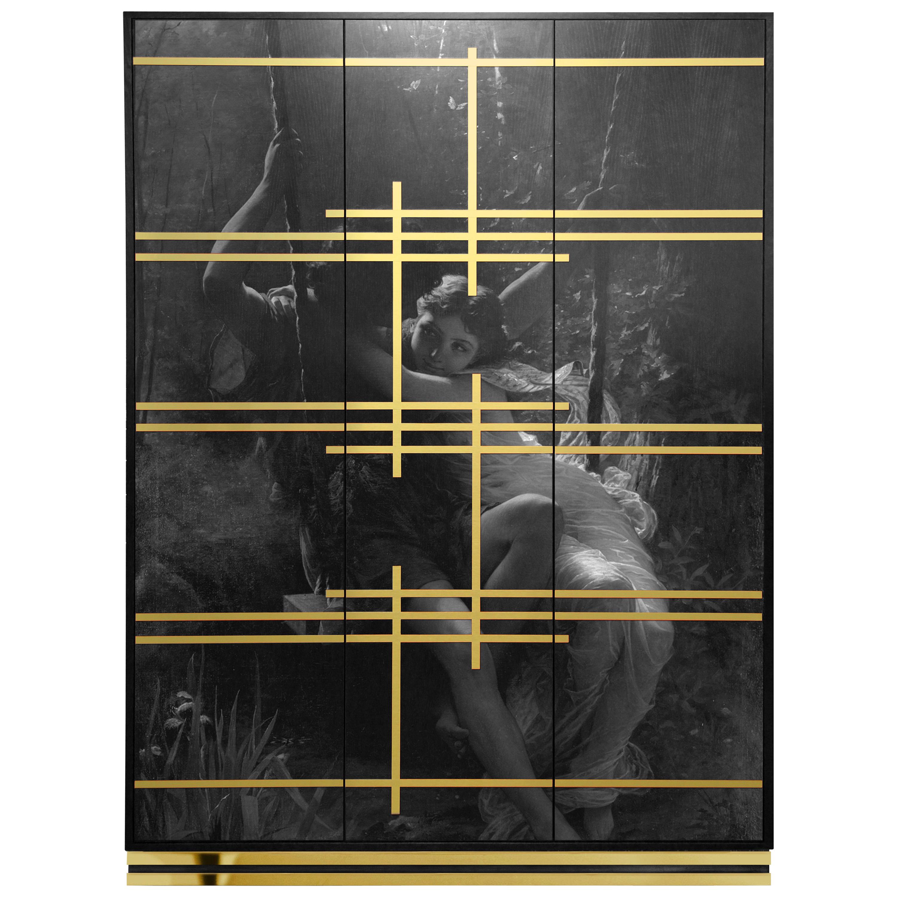 Contemporary Eros Wardrobe in Black Ash Polished Brass by Railis Design For Sale