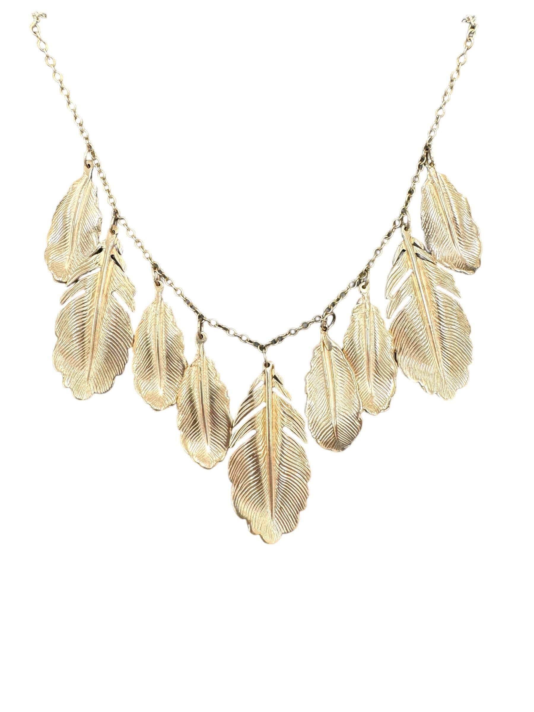 Contemporary Estate 14K Yellow Gold Feather Necklace 24 Inches 2