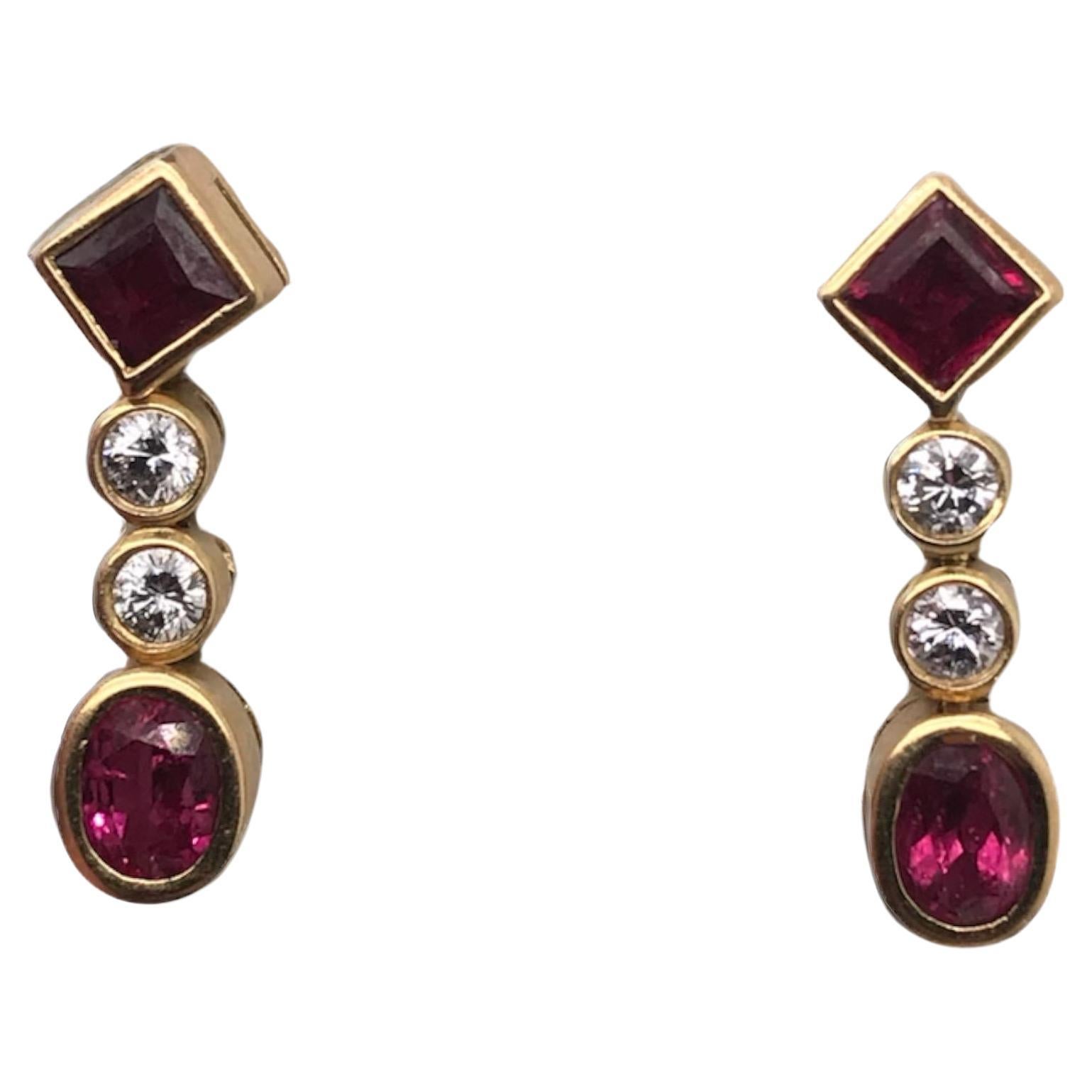 Contemporary Estate 18K Yellow Gold Ruby & Diamond Dangle Earrings