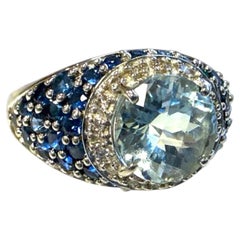 Bague d'aigue-marine, de saphir et de diamant en or blanc 14K, de style contemporain