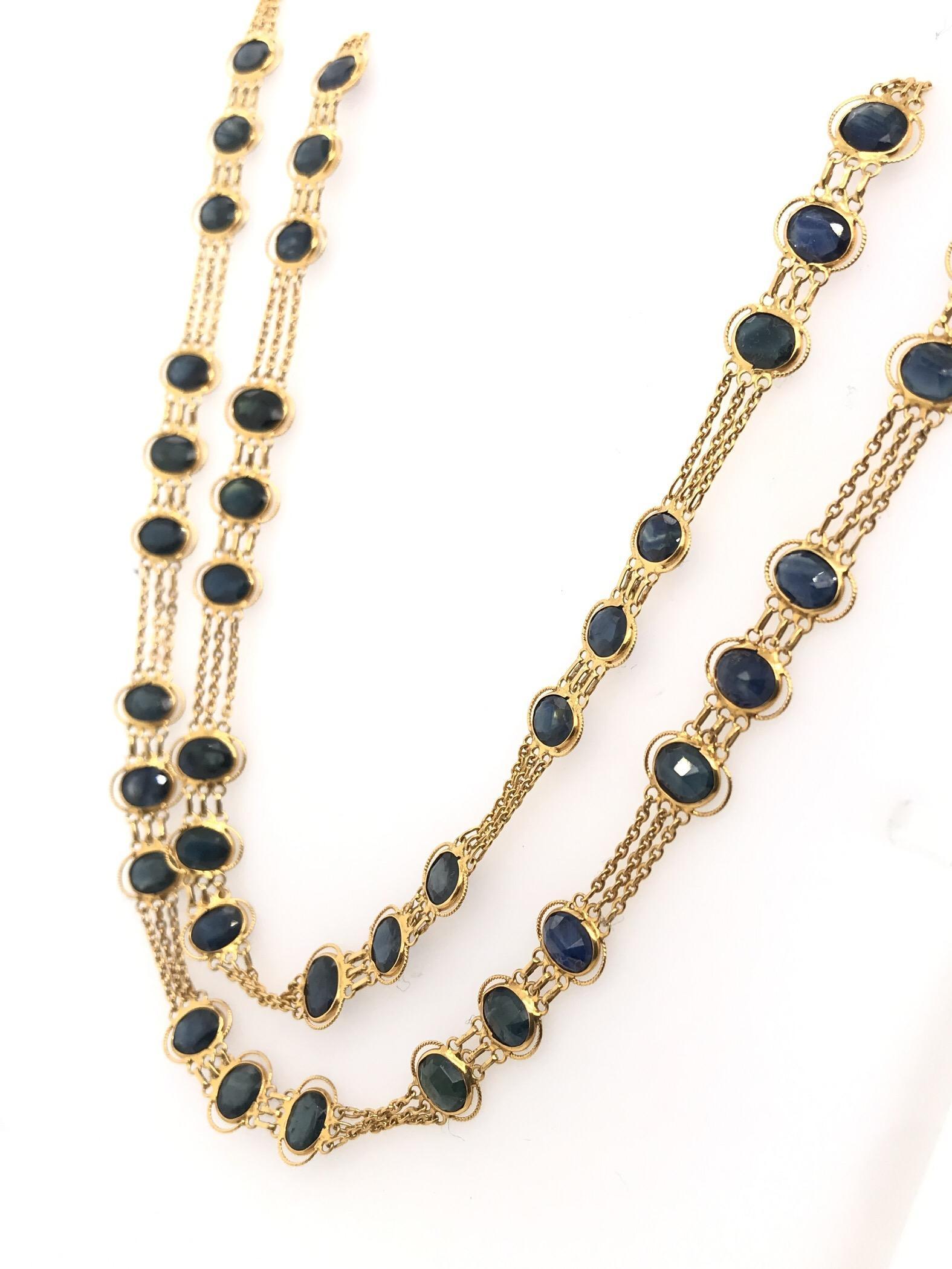 Oval Cut Contemporary Estate Bohemian Style Triple Strand Sapphire Necklace For Sale