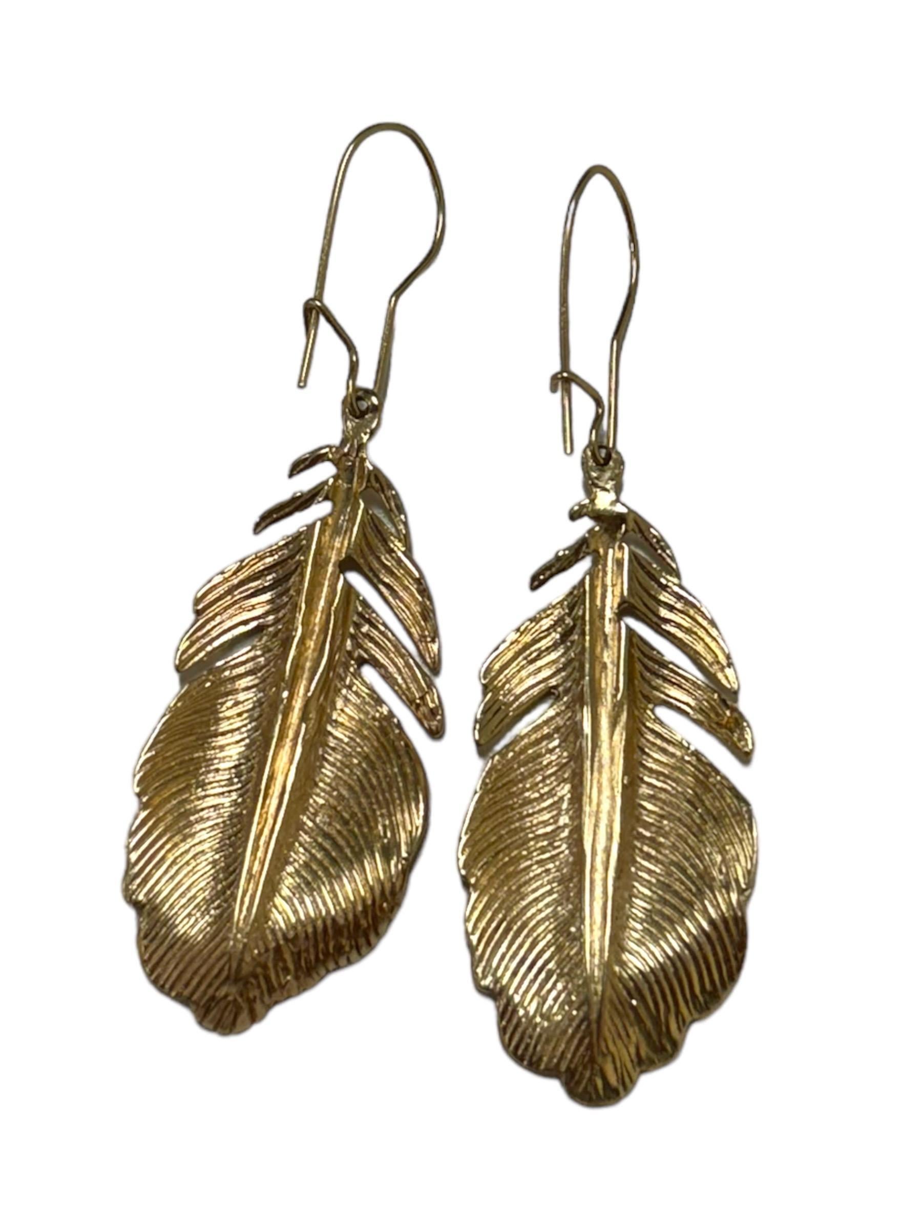 Women's Contemporary Estate Feather Dangle Earrings 14K Yellow Gold
