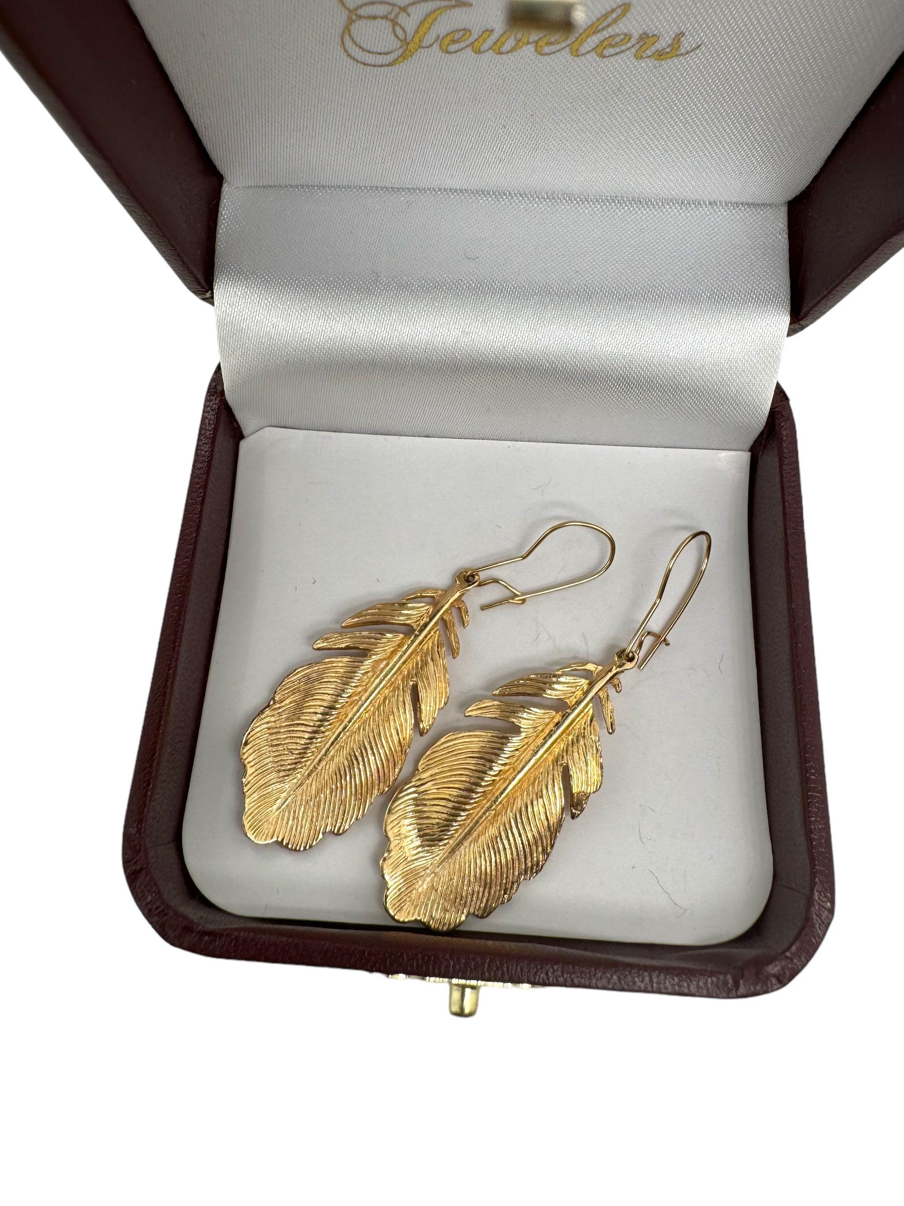 Contemporary Estate Feather Dangle Earrings 14K Yellow Gold 1