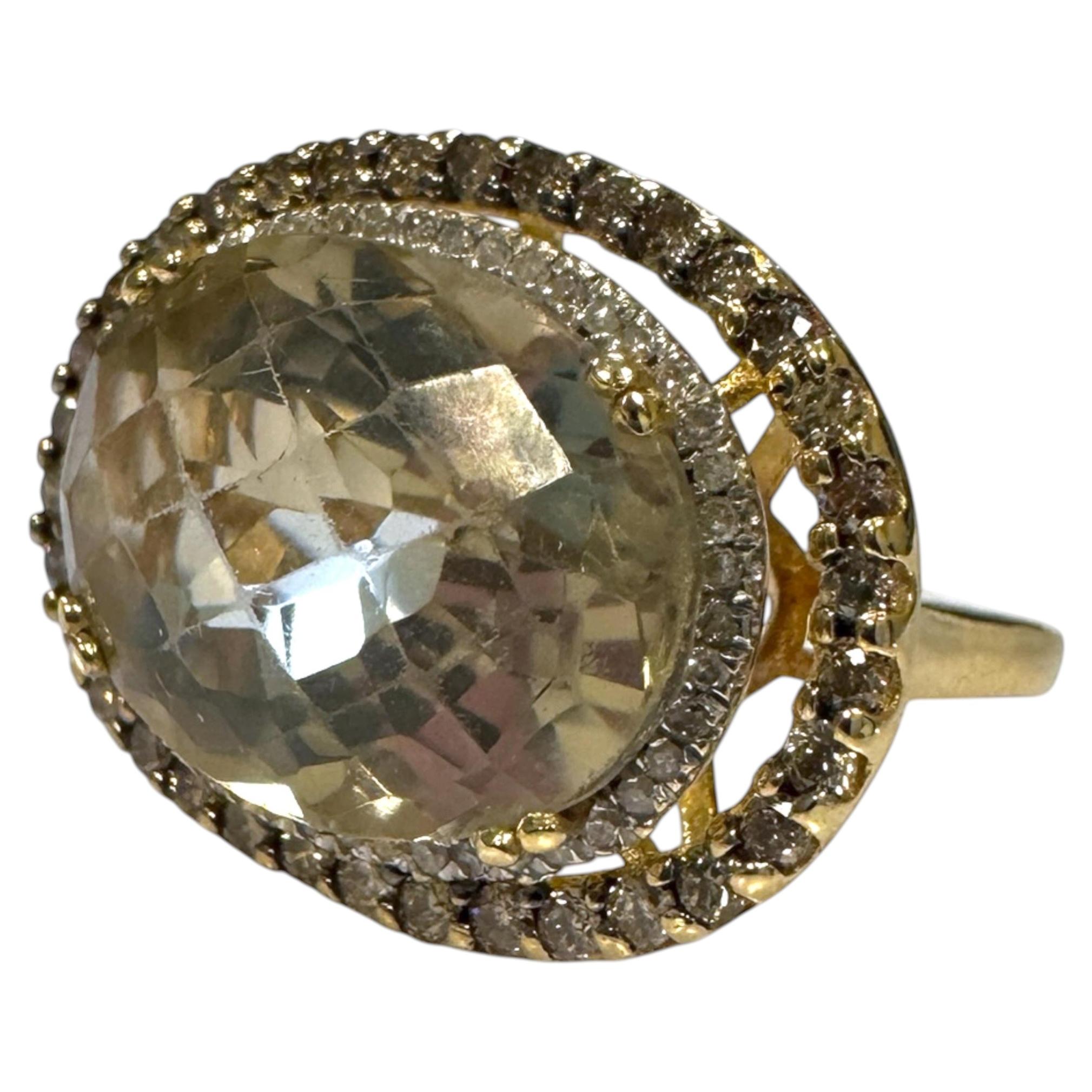 Contemporary Estate Quartz & Diamond Cocktail Ring 14K Yellow Gold