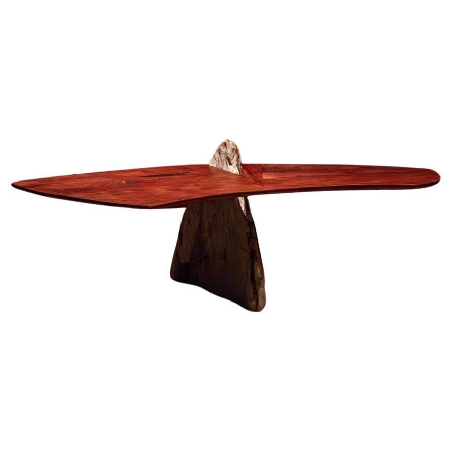 Contemporary Estremoz Pink-veined & Bubinga Wood Pestele table by Mircea Anghel For Sale