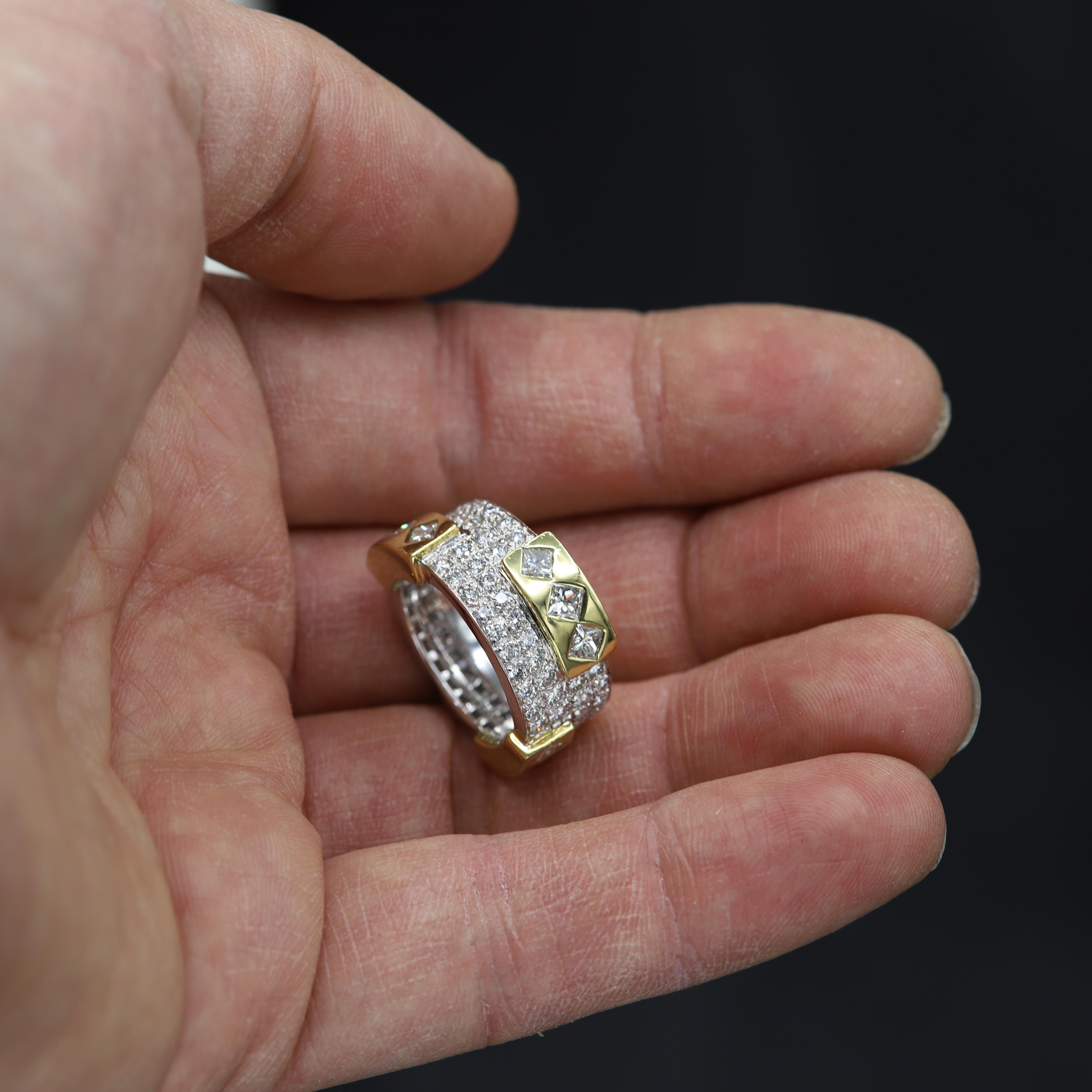 Contemporary Eternity Diamond Ring 18 Karat Gold Princess Cut and Round Diamonds For Sale 7
