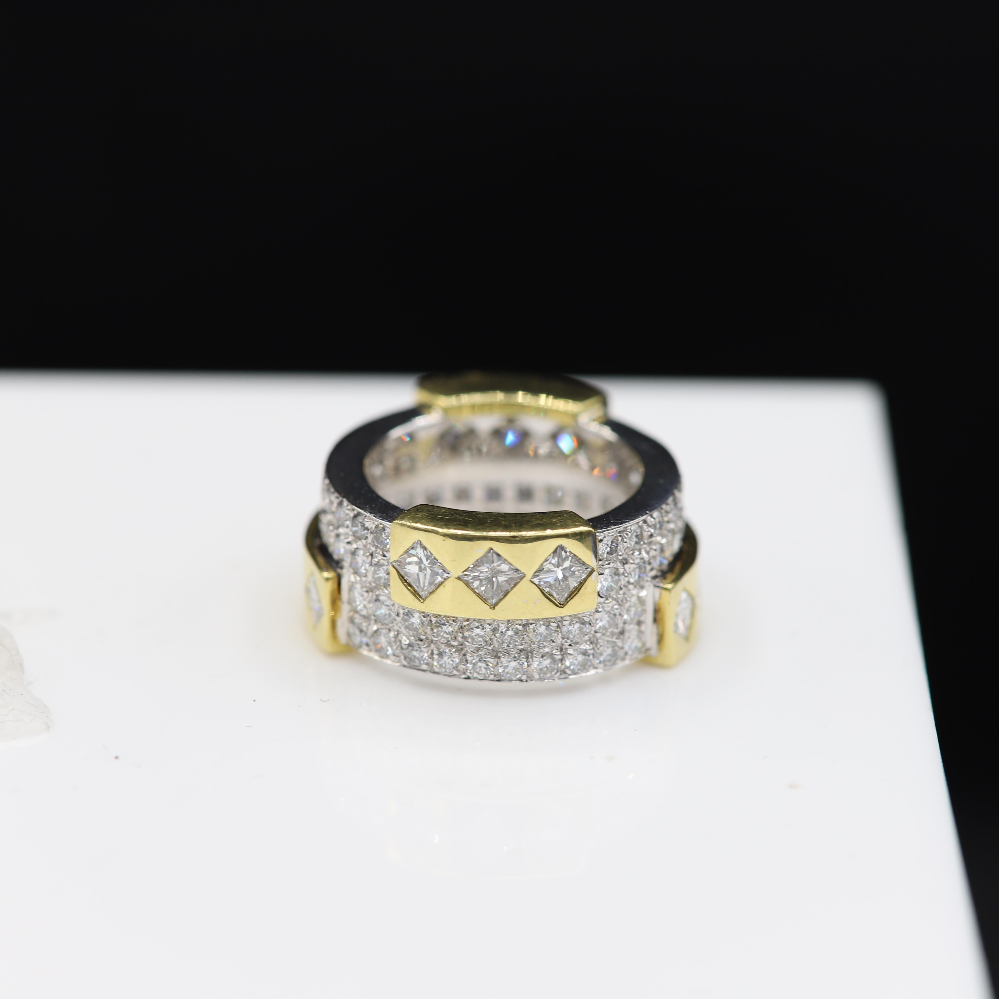 Bold Eternity Band Ring, 
Total Diamonds 4.06 carat G-VS, 
18k White & Yellow Gold 15.60 Grams 
Princess cut Diamond 2.15 carat G-VS
Round Diamonds 1.91 cart G-VS
Finger size 7 - CANNOT RESIZE
