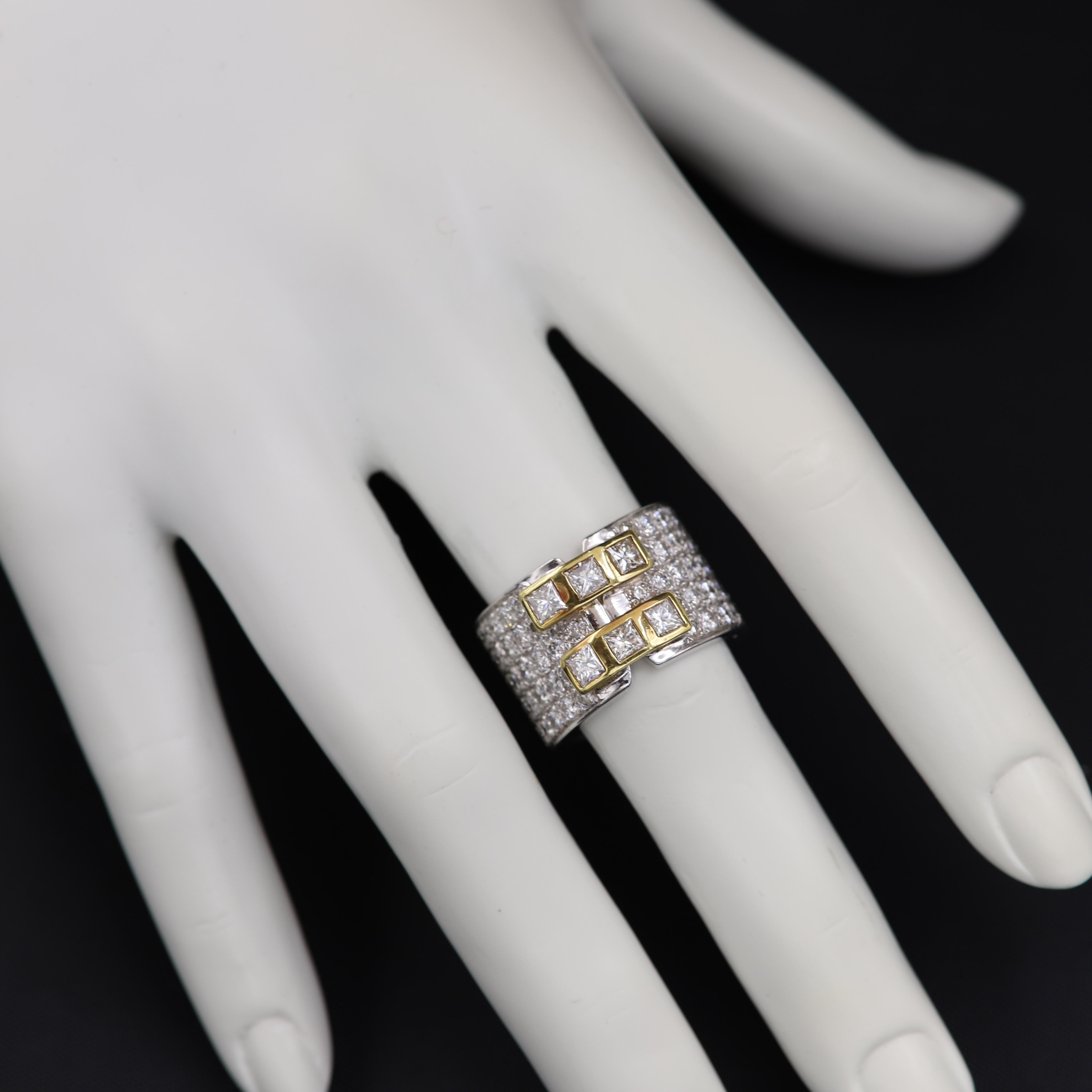 Contemporary Eternity Diamond Ring 18 Karat Gold Princess Cut and Round Diamonds In New Condition For Sale In Brooklyn, NY