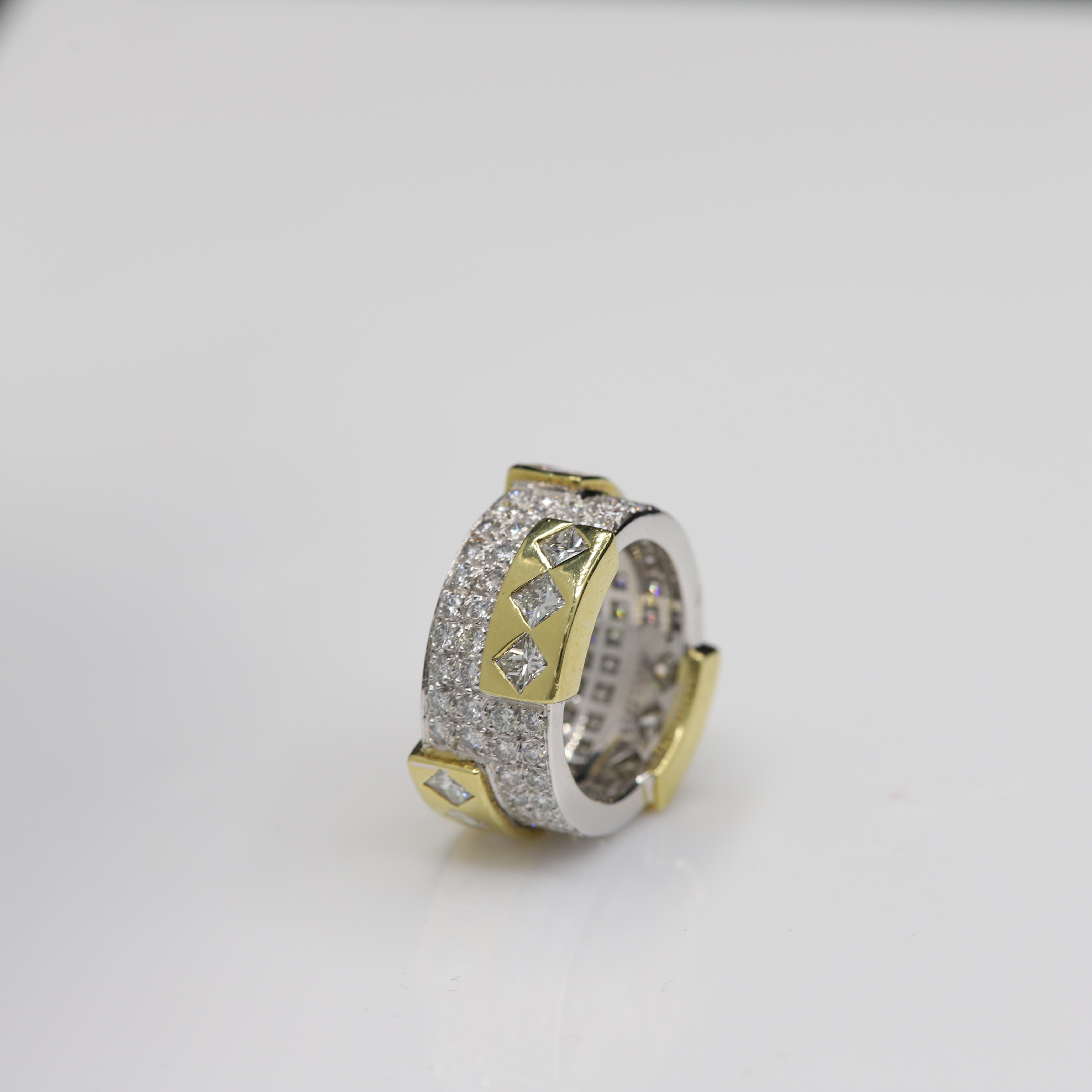 Contemporary Eternity Diamond Ring 18 Karat Gold Princess Cut and Round Diamonds For Sale 1