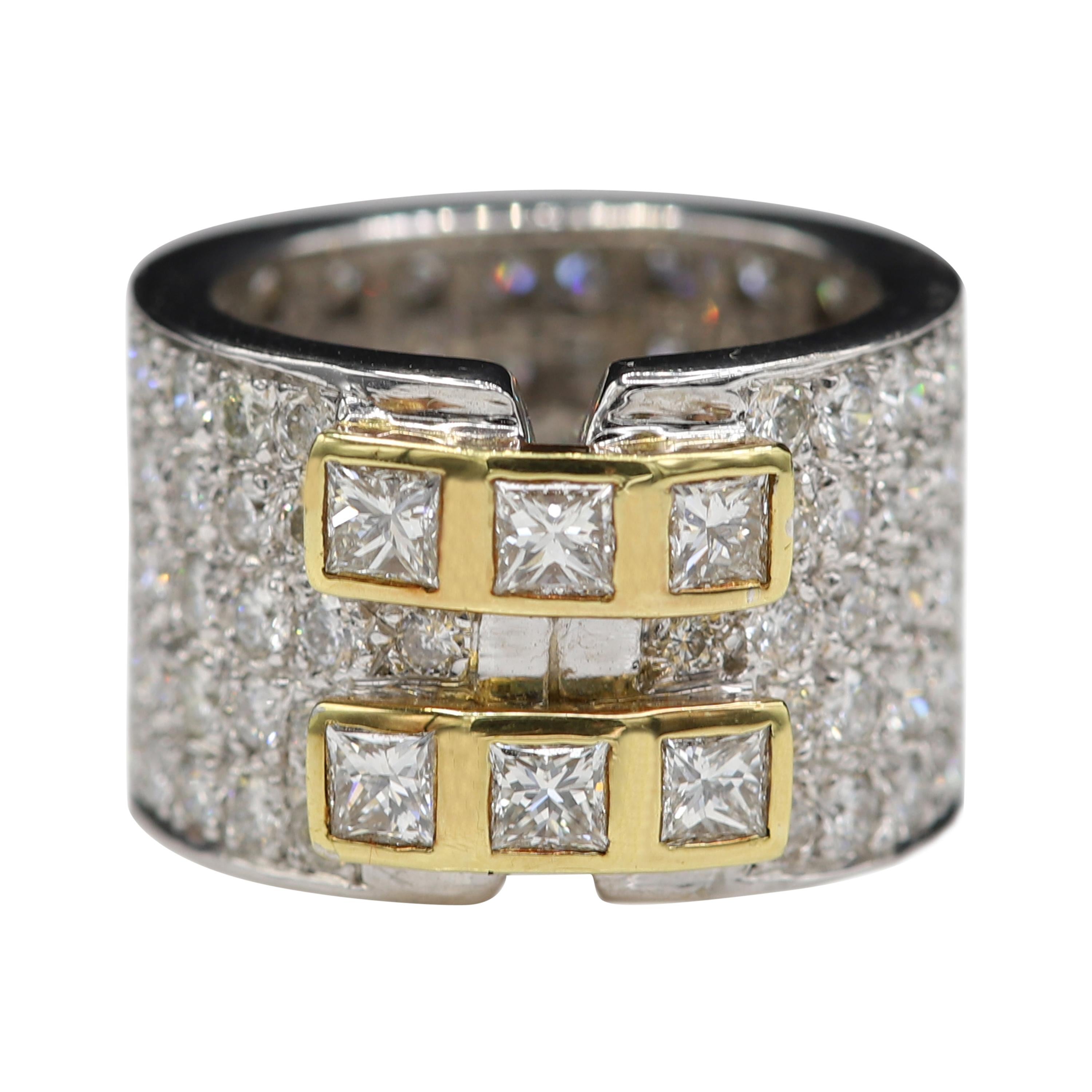 Contemporary Eternity Diamond Ring 18 Karat Gold Princess Cut and Round Diamonds For Sale