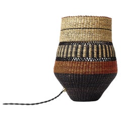 Contemporary Ethnic Handwoven Straw Basket Lamp Natural Nutty Brown and Black