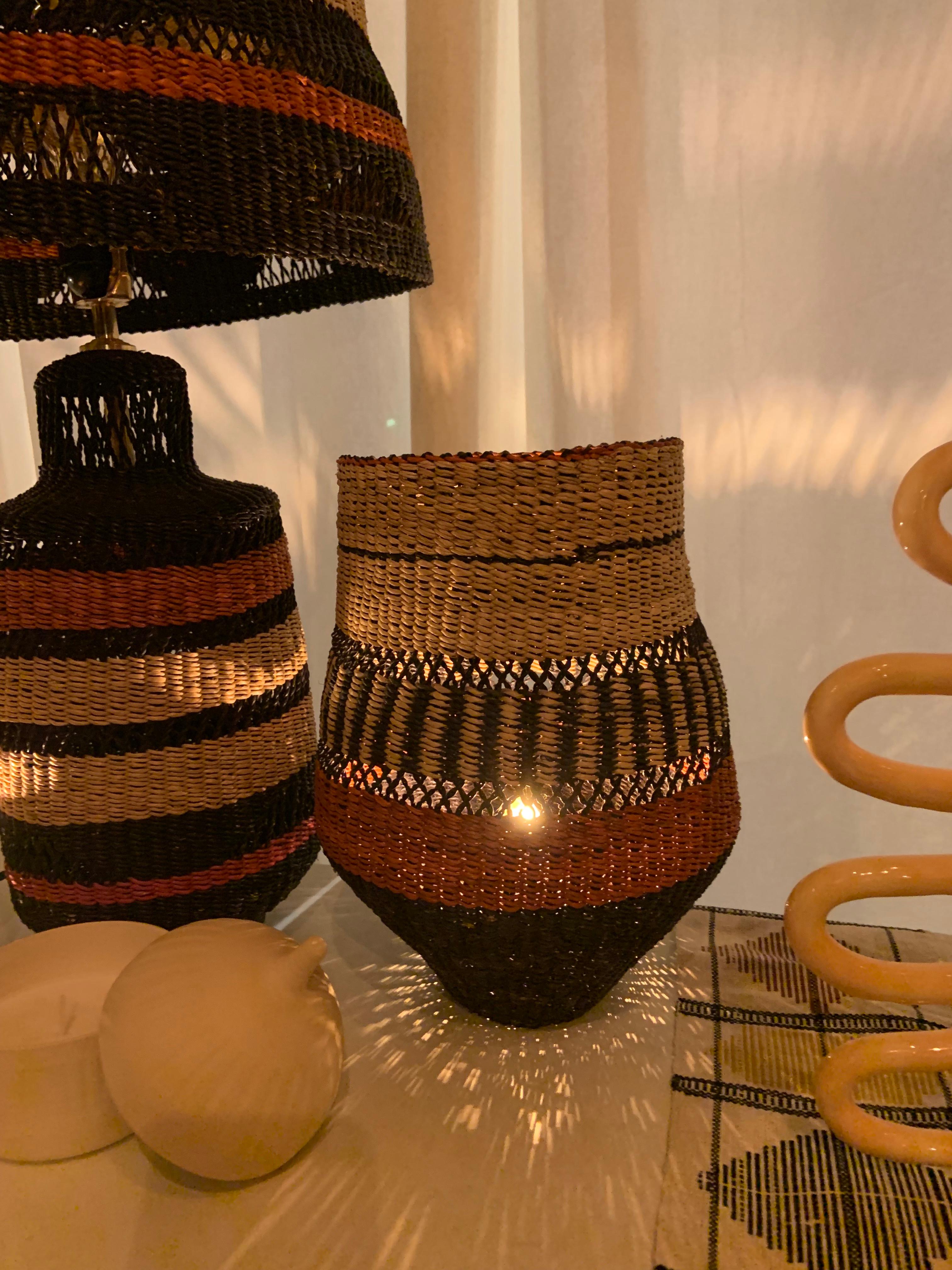 Modern Contemporary Ethnic Handwoven Straw Basket Lamp Natural Terracotta Red and black
