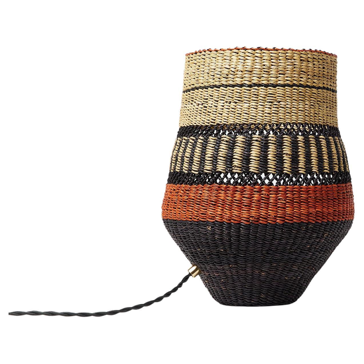 Contemporary Ethnic Handwoven Straw Basket Lamp Natural Terracotta Red and black