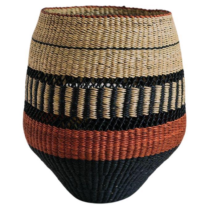 Contemporary Ethnic Handwoven Straw Basket Vase Natural Terracotta Red and black For Sale