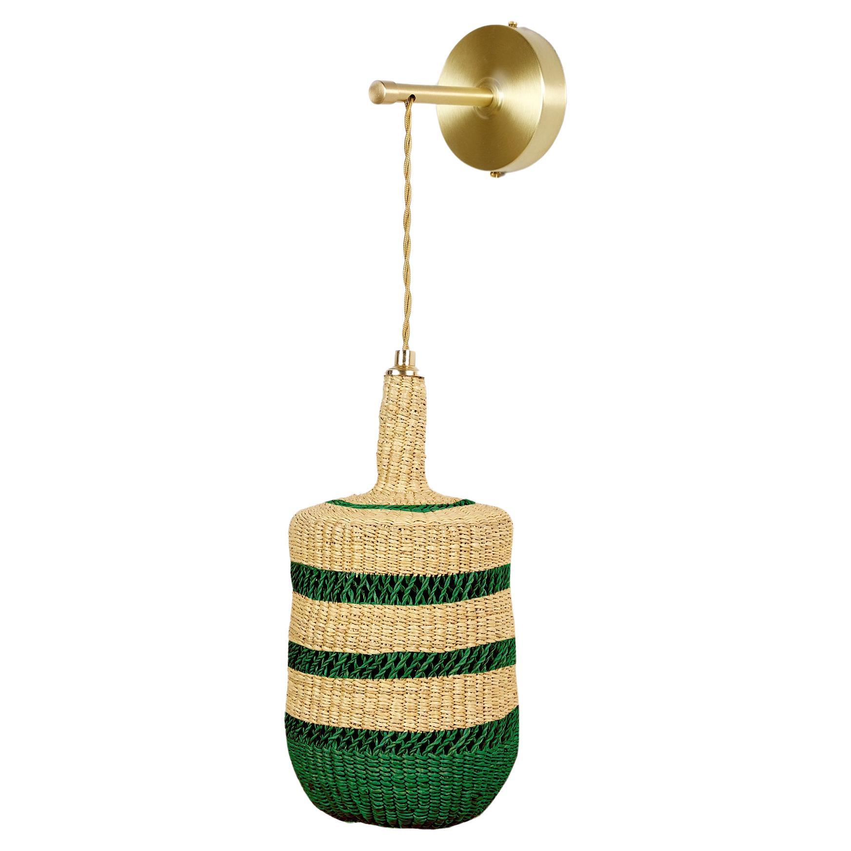 Contemporary Ethnic Handwoven Straw / Brass Wall Sconce Lamp Natural Green