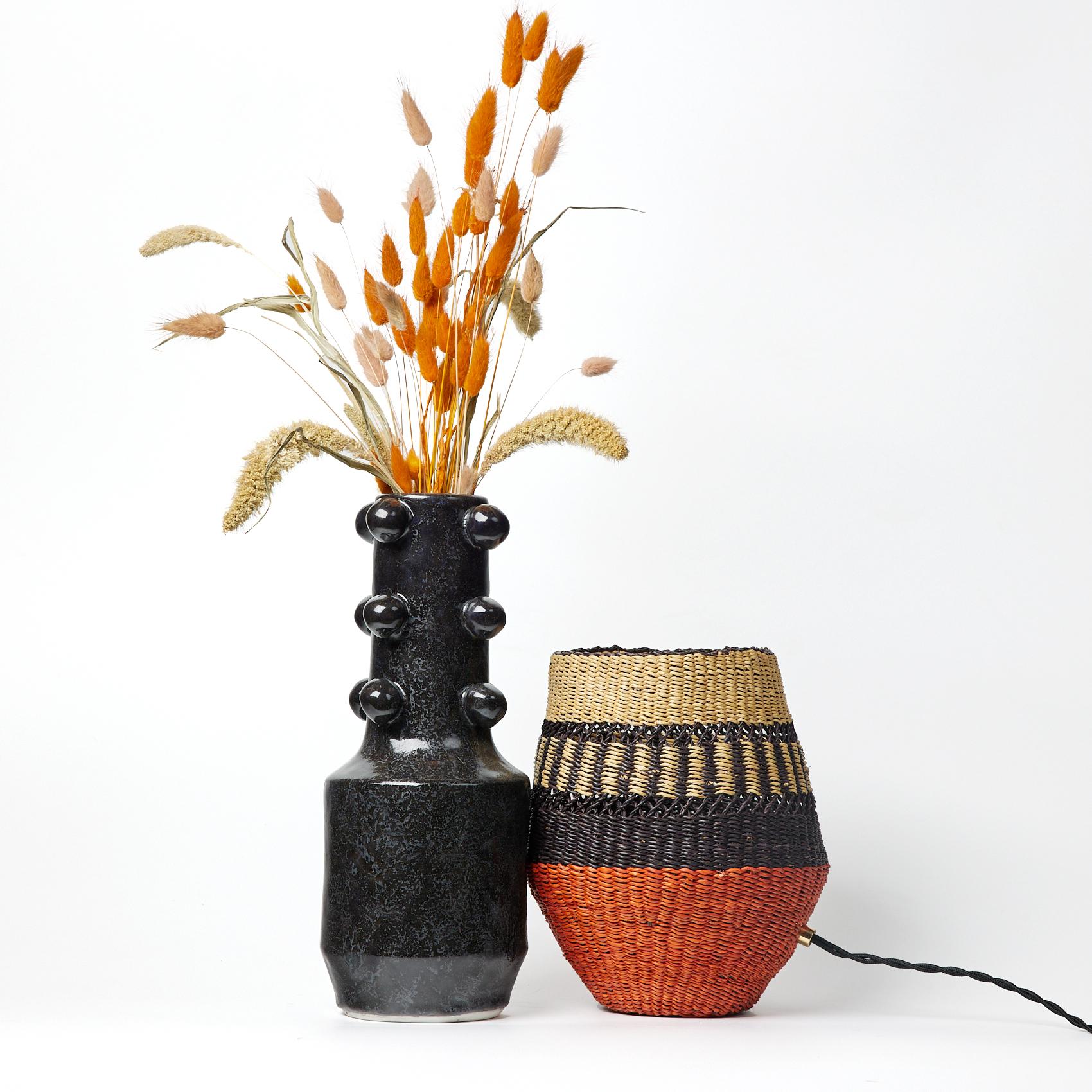 Modern Contemporary Ethnic Handwoven Straw Table Lamp Natural Terracotta and Black