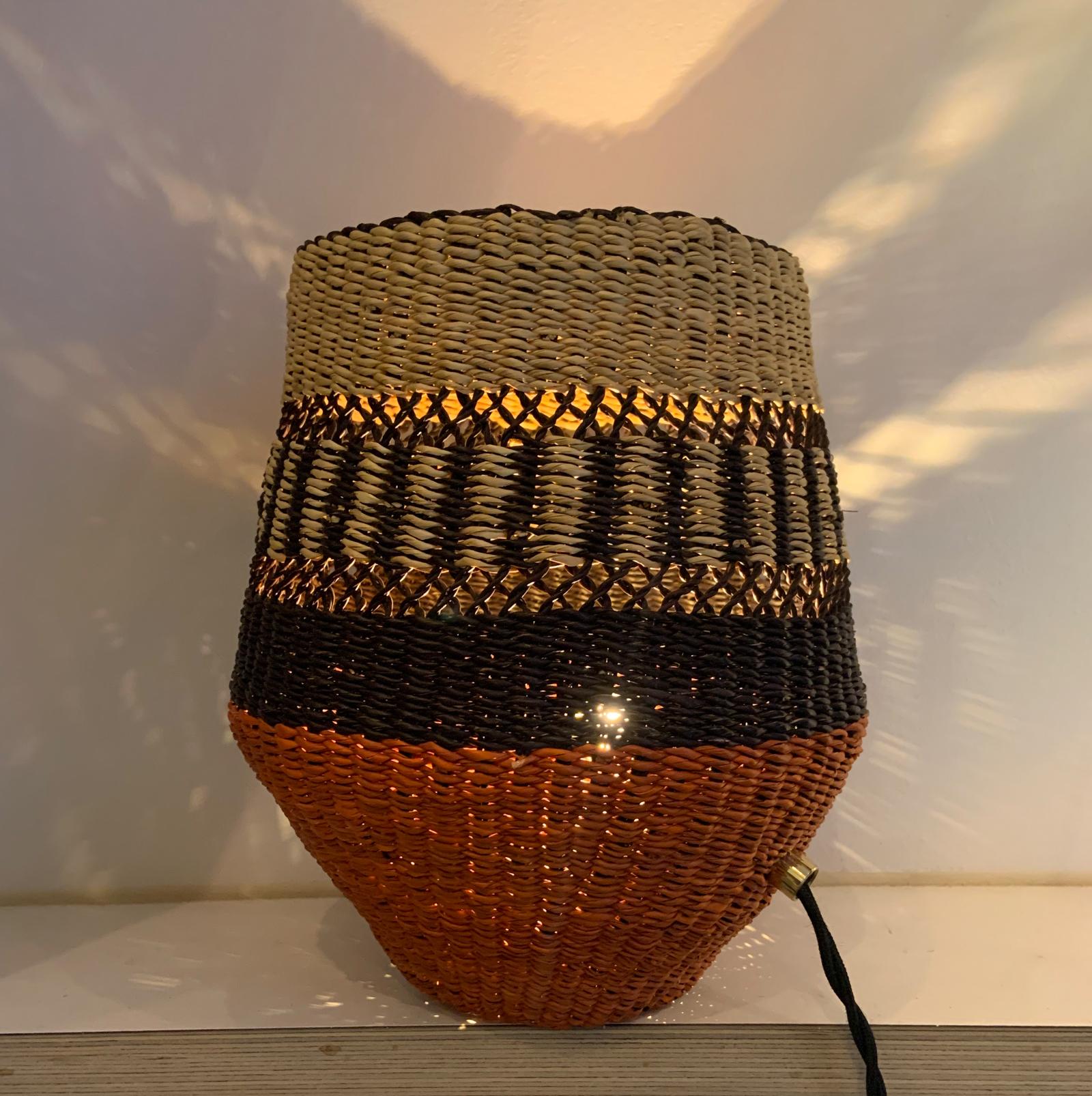 Ghanaian Contemporary Ethnic Handwoven Straw Table Lamp Natural Terracotta and Black