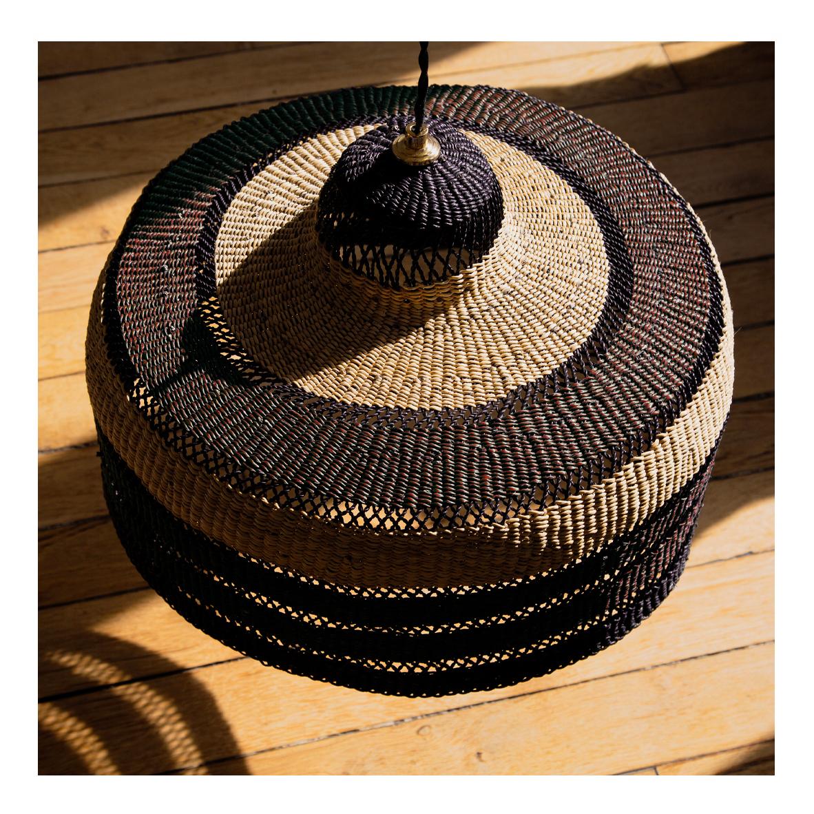 Hand-Woven Contemporary Ethnic Large Pendant Lamp Handwoven Straw Black Earth