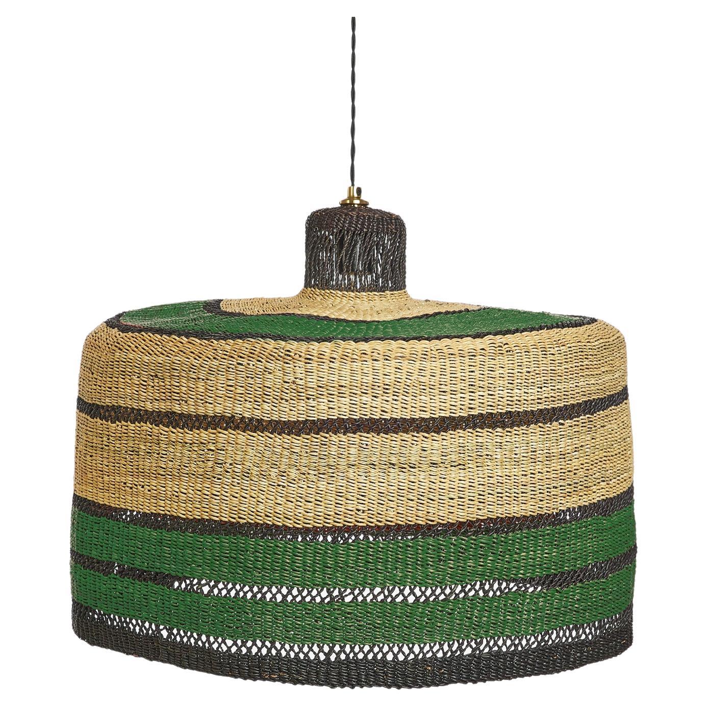 Contemporary Ethnic Large Pendant Lamp Handwoven Straw Black Green