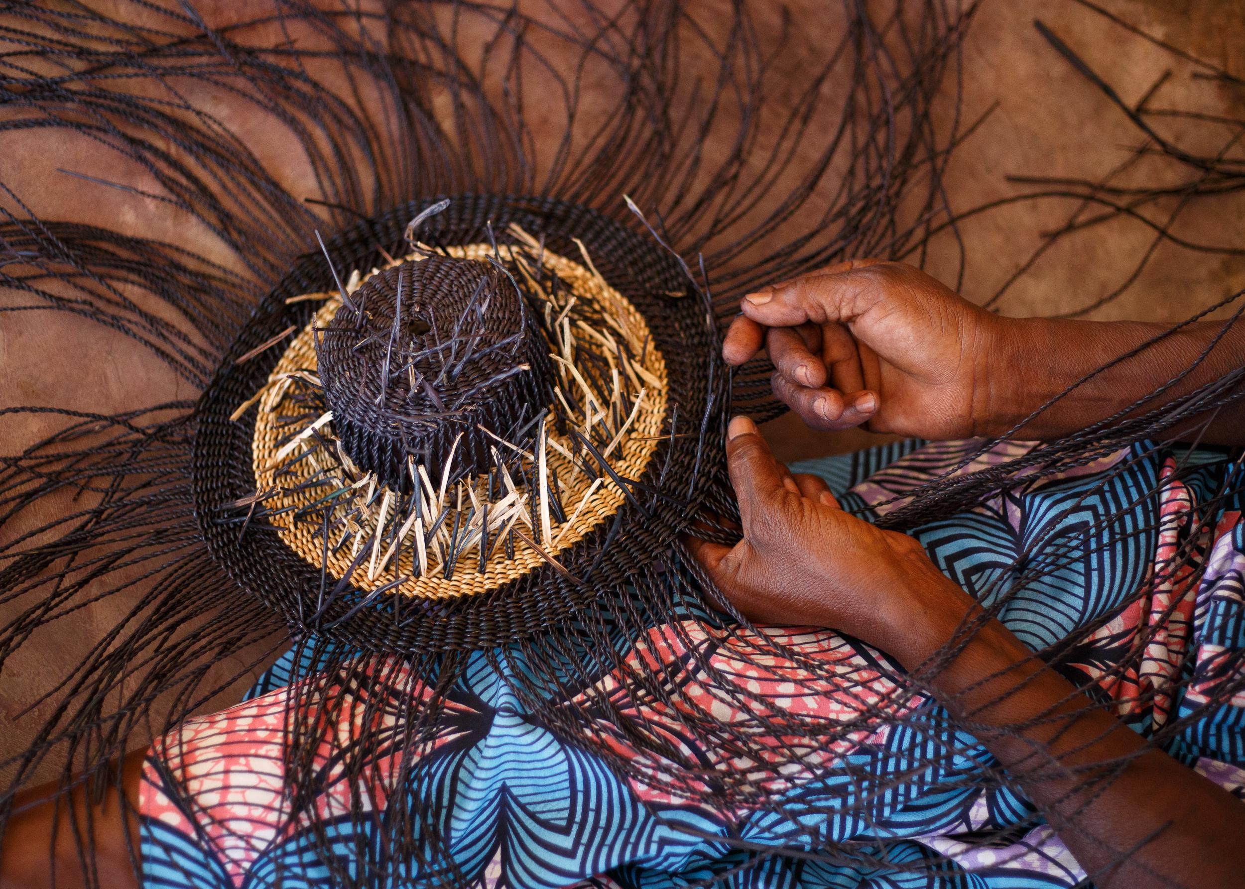 Ghanaian Contemporary Ethnic Large Pendant Lamp Handwoven Straw Black Terracotta orange