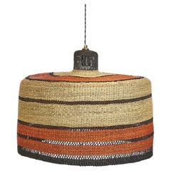 Contemporary Ethnic Large Pendant Lamp Handwoven Straw Black Terracotta orange