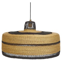 Contemporary Ethnic Pendant Large Lamp Handwoven Natural Straw Black
