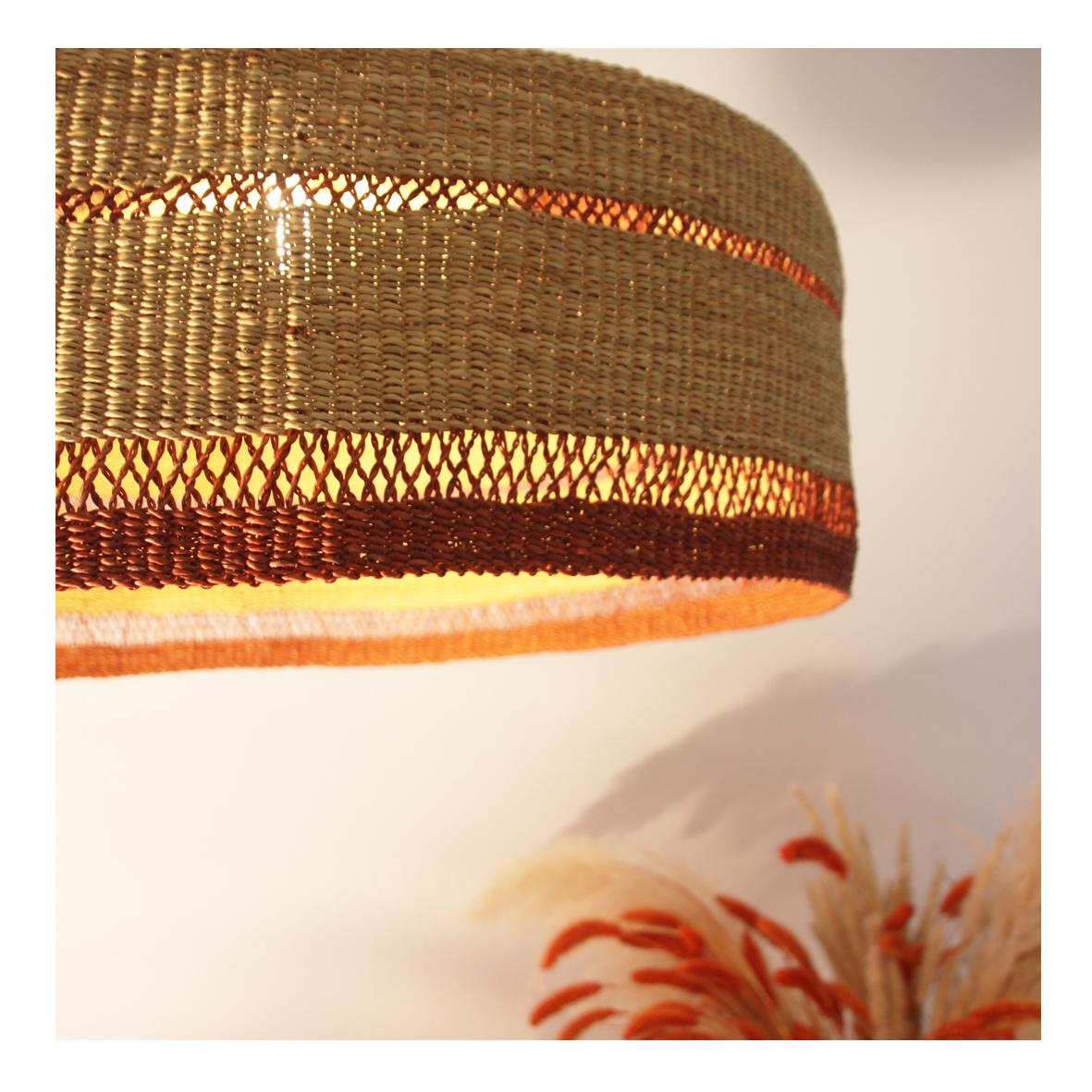 Hand-Woven Handwoven Large Pendant Lamp Wide Rim Straw Terracotta Natural