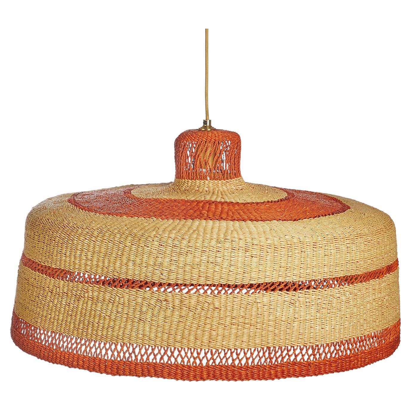 Handwoven Large Pendant Lamp Wide Rim Straw Terracotta Natural
