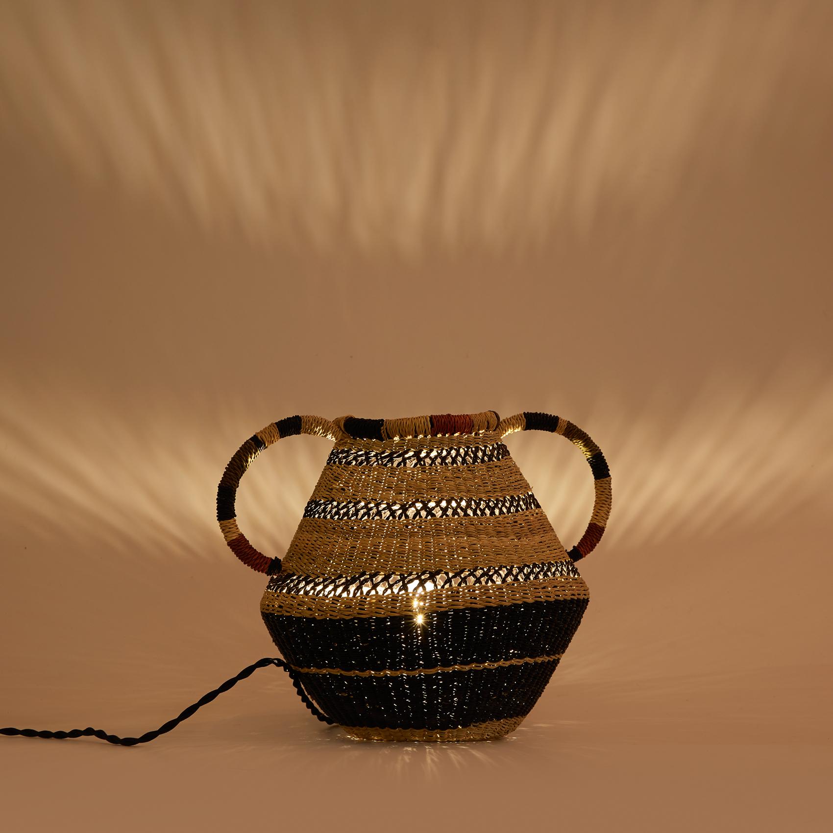 Modern Contemporary Ethnic Small Pot Lamp Handwoven Straw Striped Handle