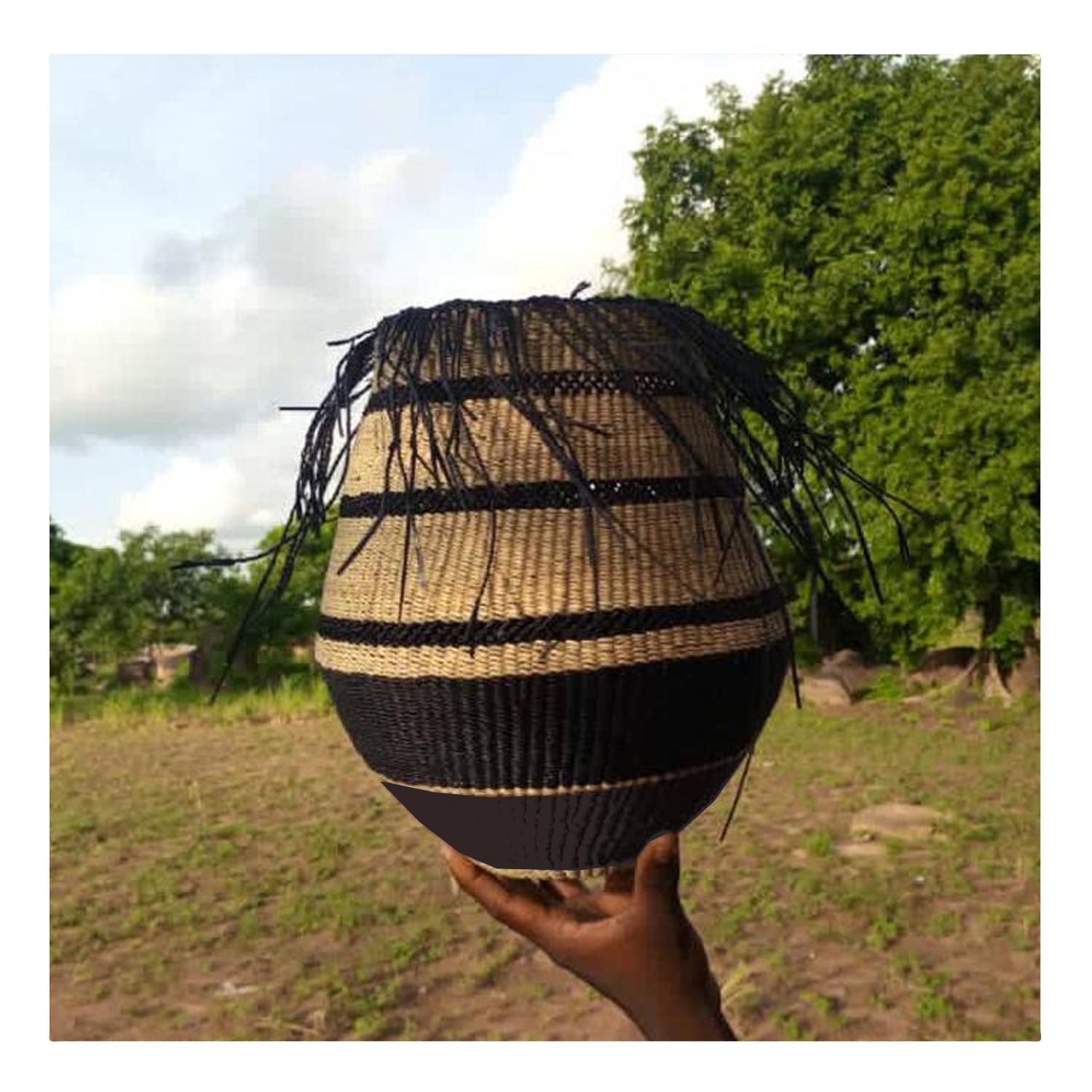 Brass Contemporary Ethnic Small Pot Lamp Handwoven Straw Striped Handle