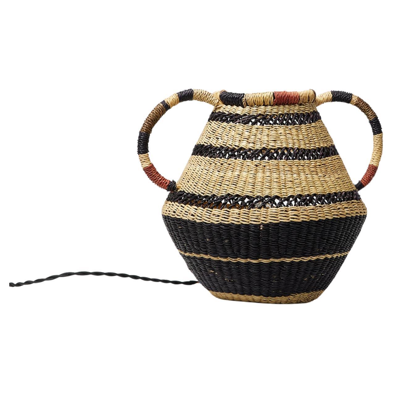 Contemporary Ethnic Small Pot Lamp Handwoven Straw Striped Handle
