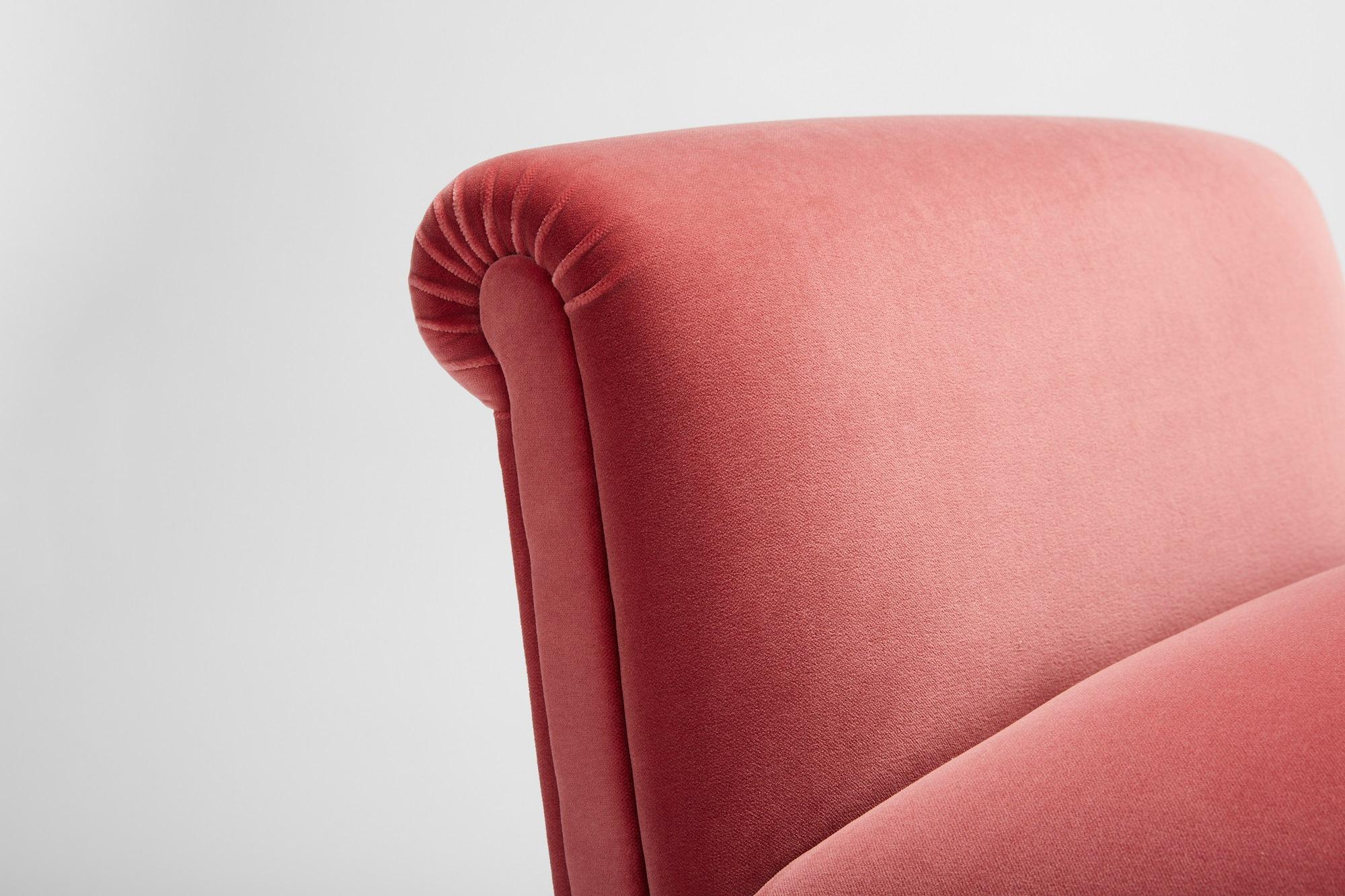 Modern Contemporary Eto Bench in Coral cotton velvet with upholstered legs, scroll arms For Sale