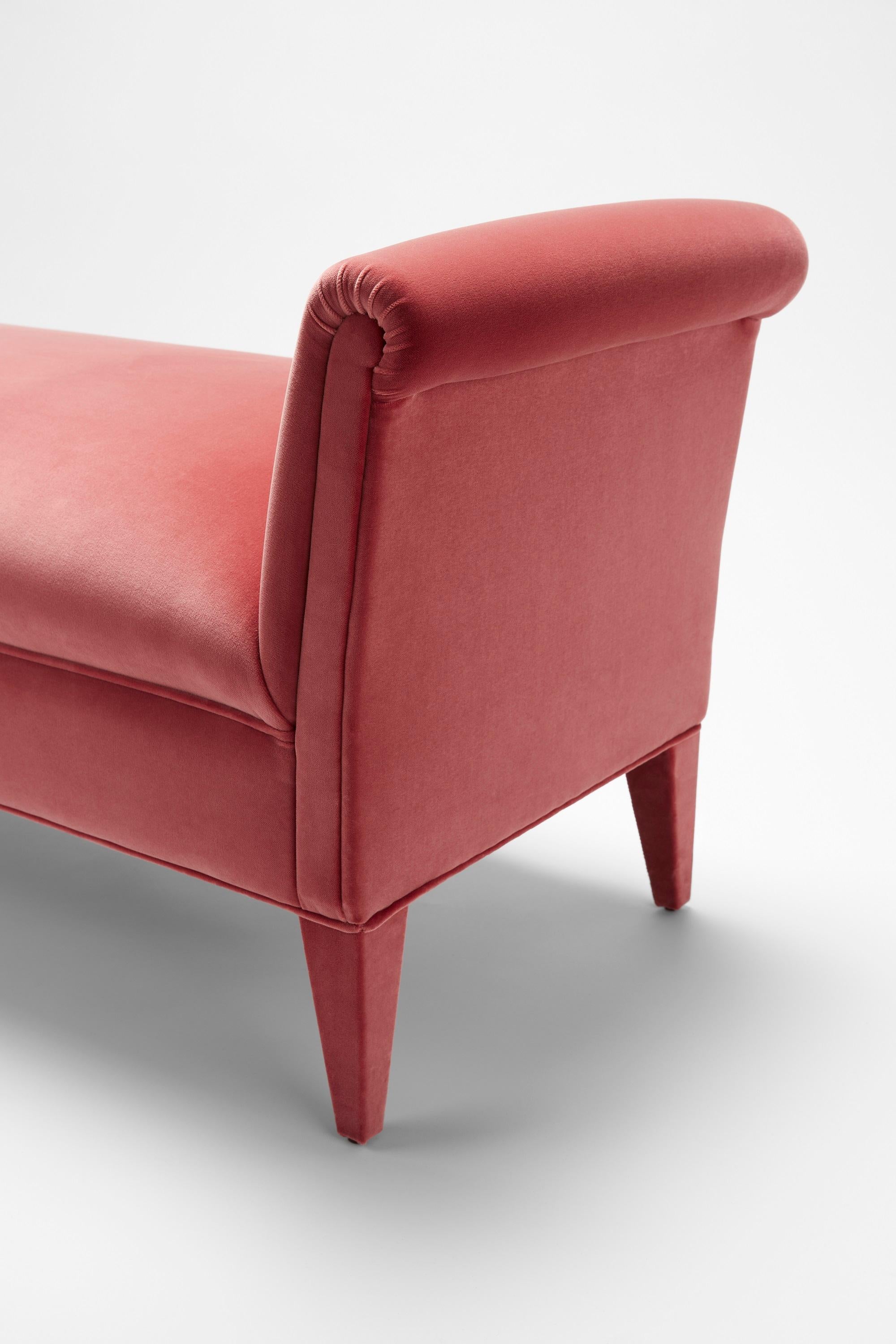 English Contemporary Eto Bench in Coral cotton velvet with upholstered legs, scroll arms For Sale