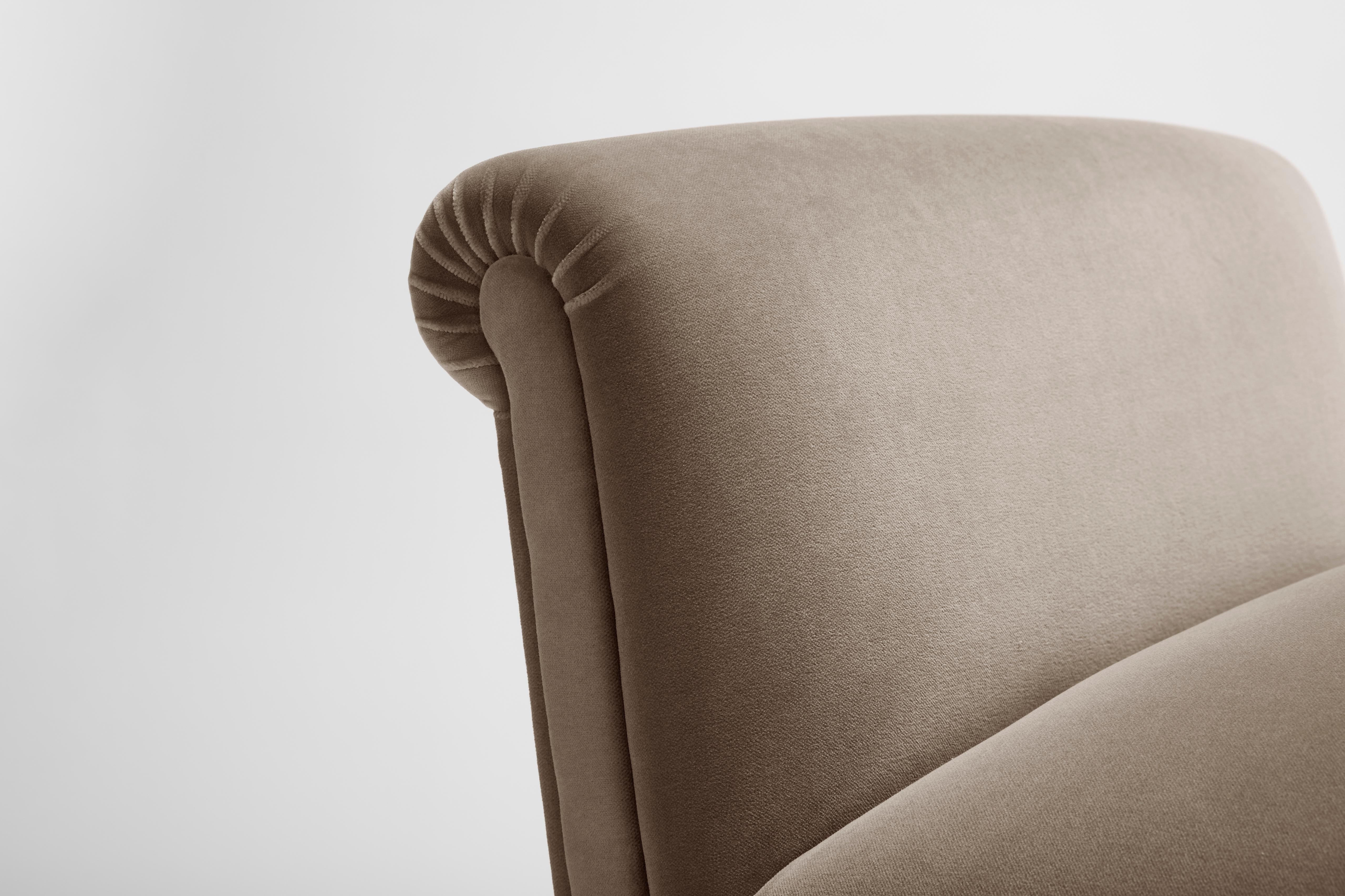 Velvet Contemporary Eto Bench in Coral cotton velvet with upholstered legs, scroll arms For Sale