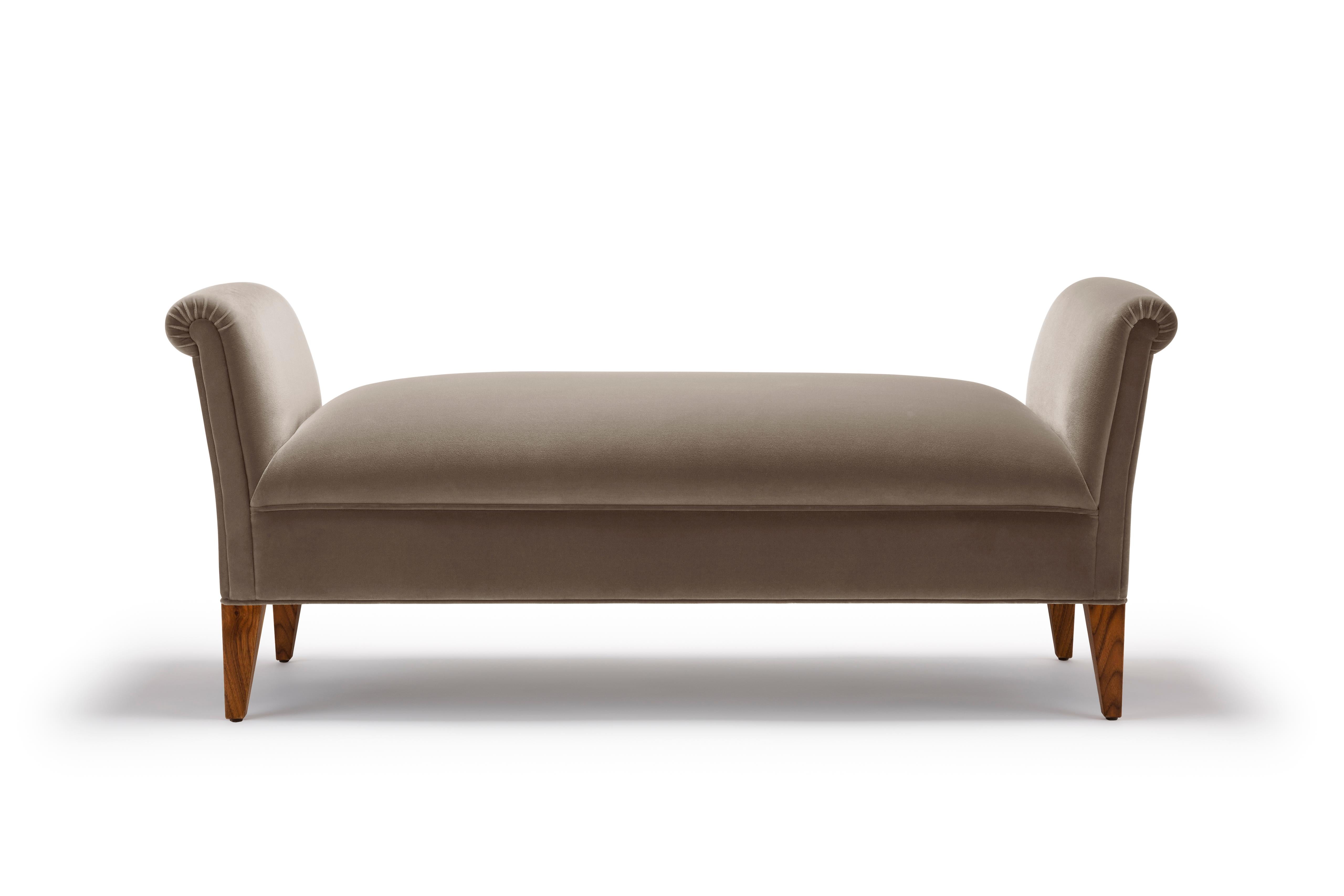 Contemporary Eto Bench in Coral cotton velvet with upholstered legs, scroll arms For Sale 1