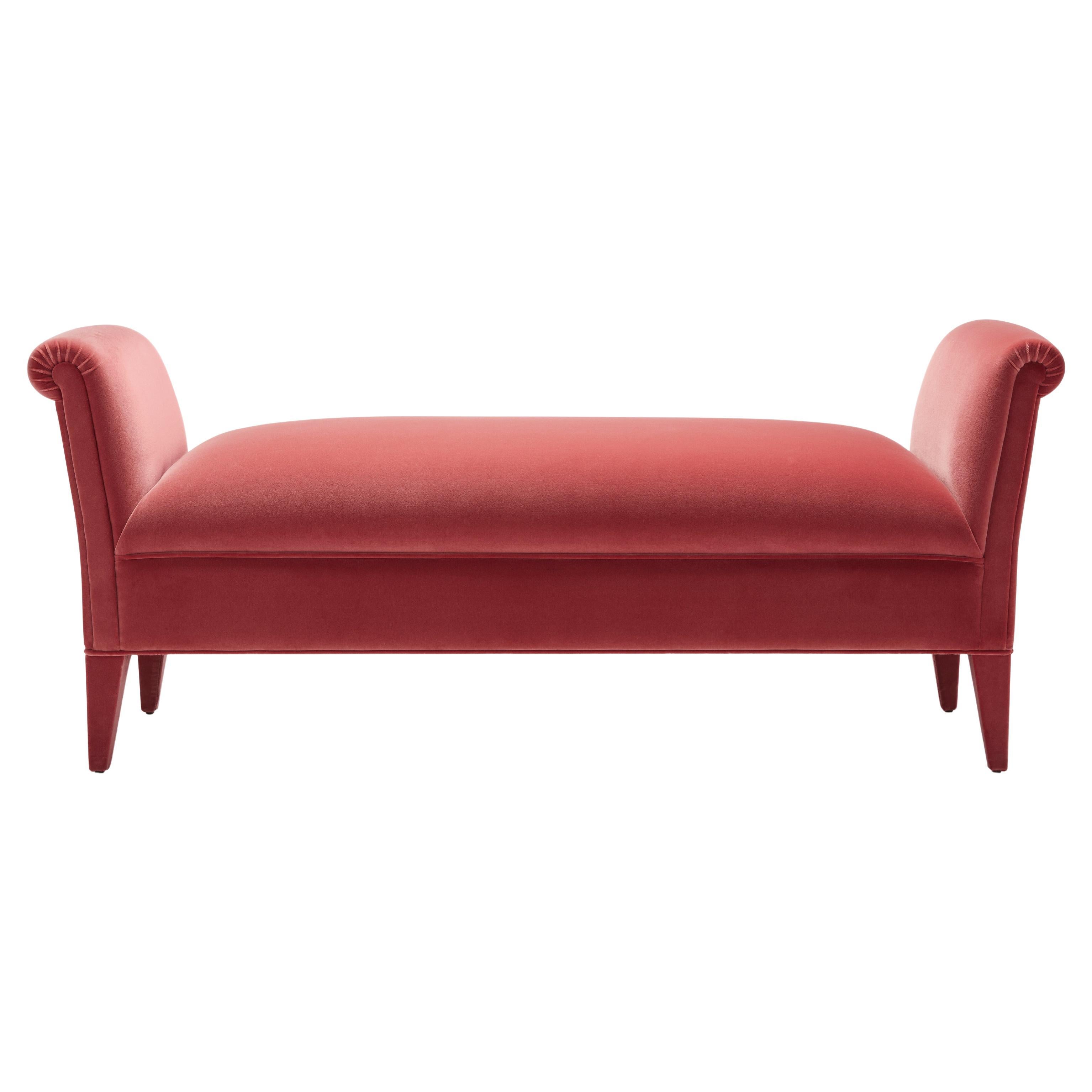 Contemporary Eto Bench in Coral cotton velvet with upholstered legs, scroll arms For Sale