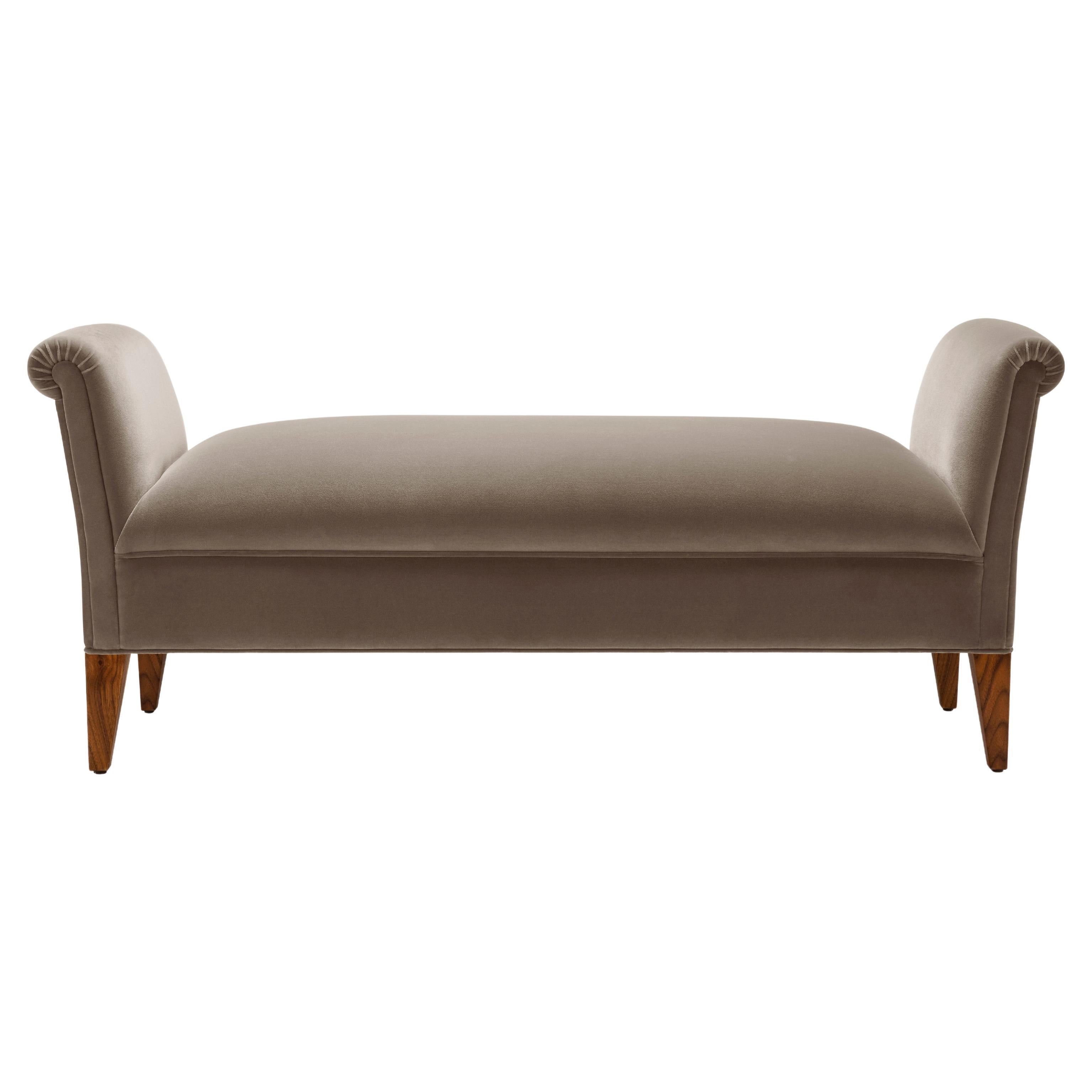 Contemporary Eto Bench in Grey cotton velvet with walnut legs, scroll arms