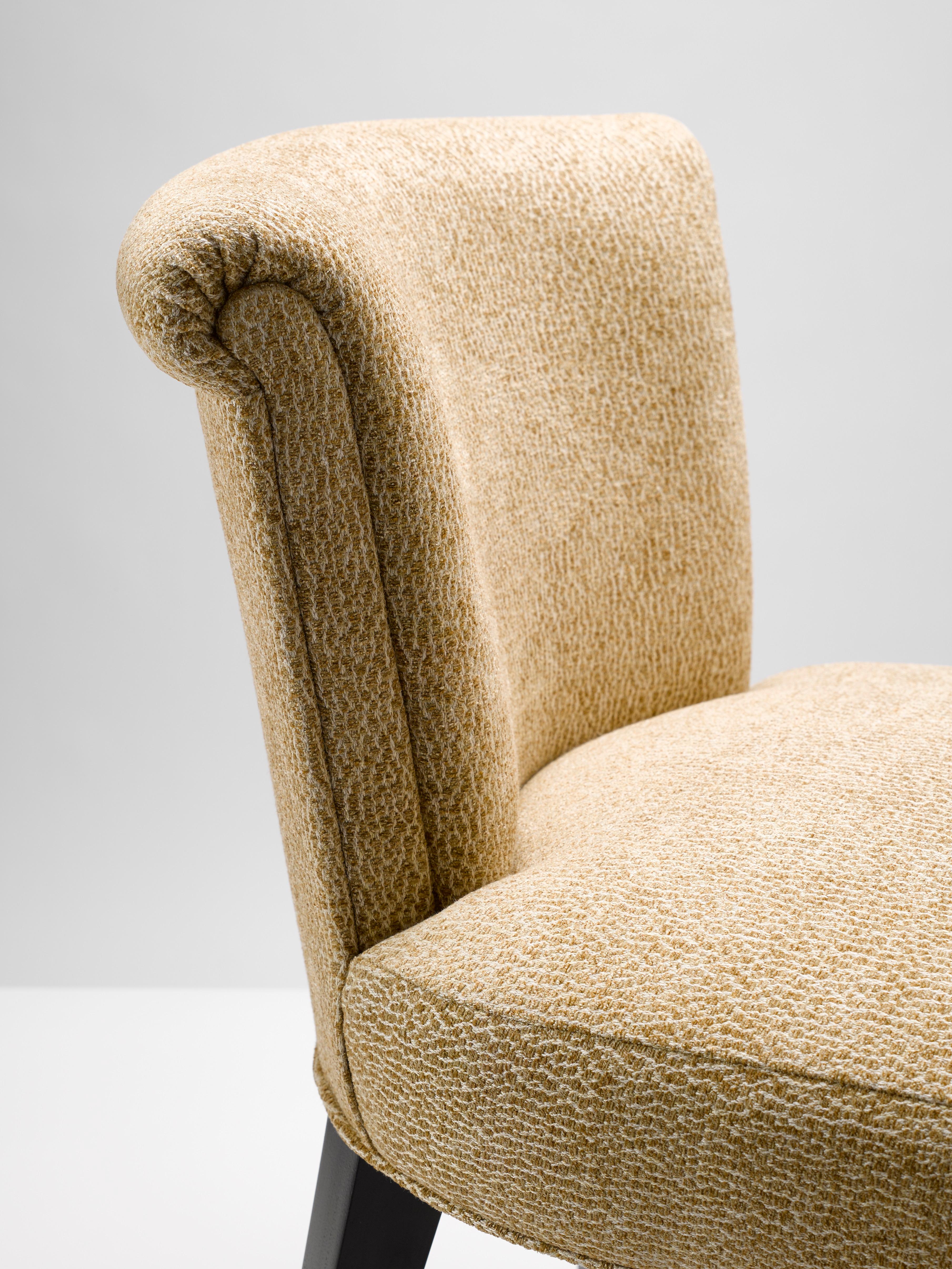 Modern Contemporary Eto Dining Chair in burnished gold fabric with Solid Walnut Legs For Sale