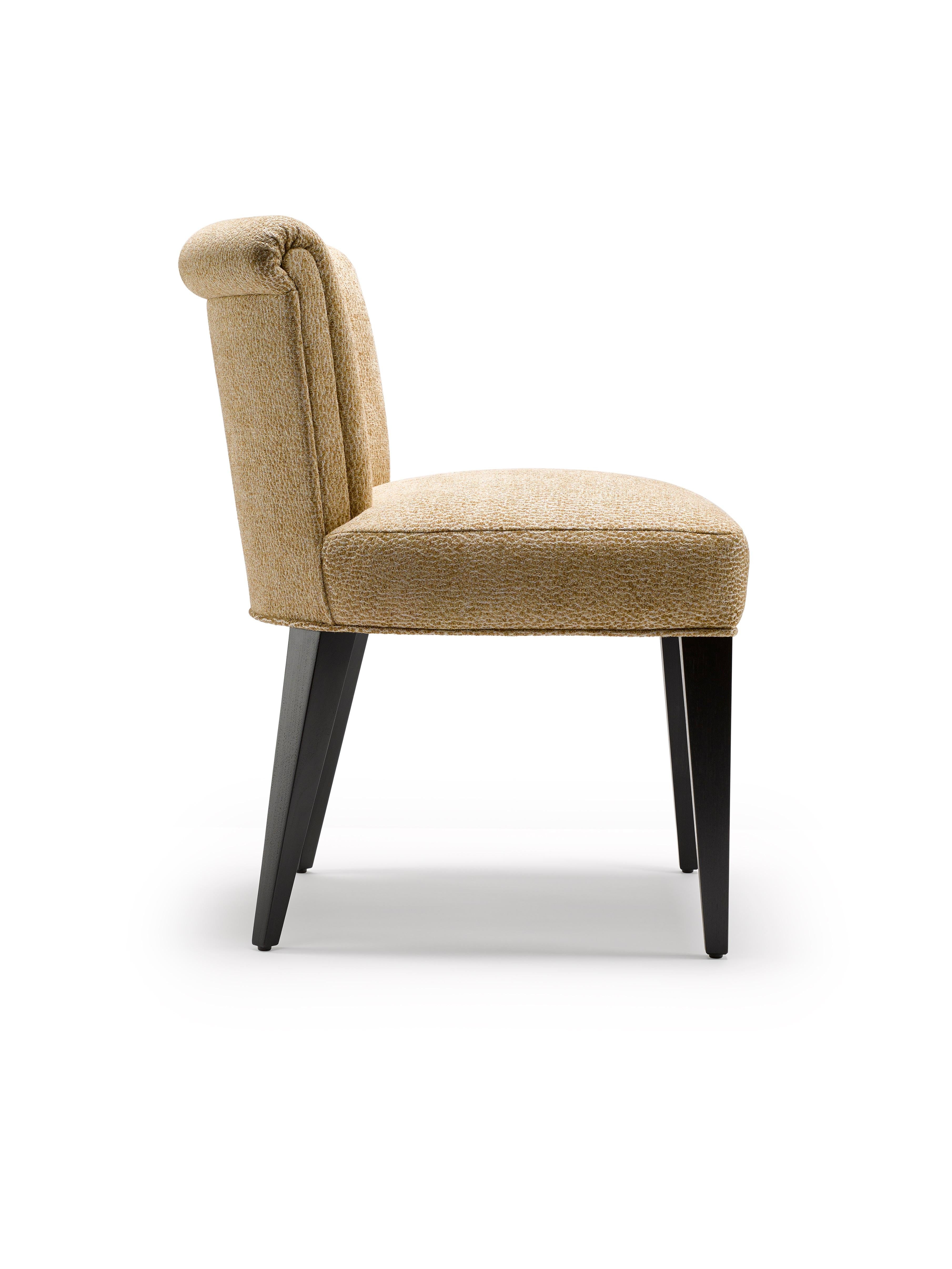 Ebonized Contemporary Eto Dining Chair in burnished gold fabric with Solid Walnut Legs For Sale
