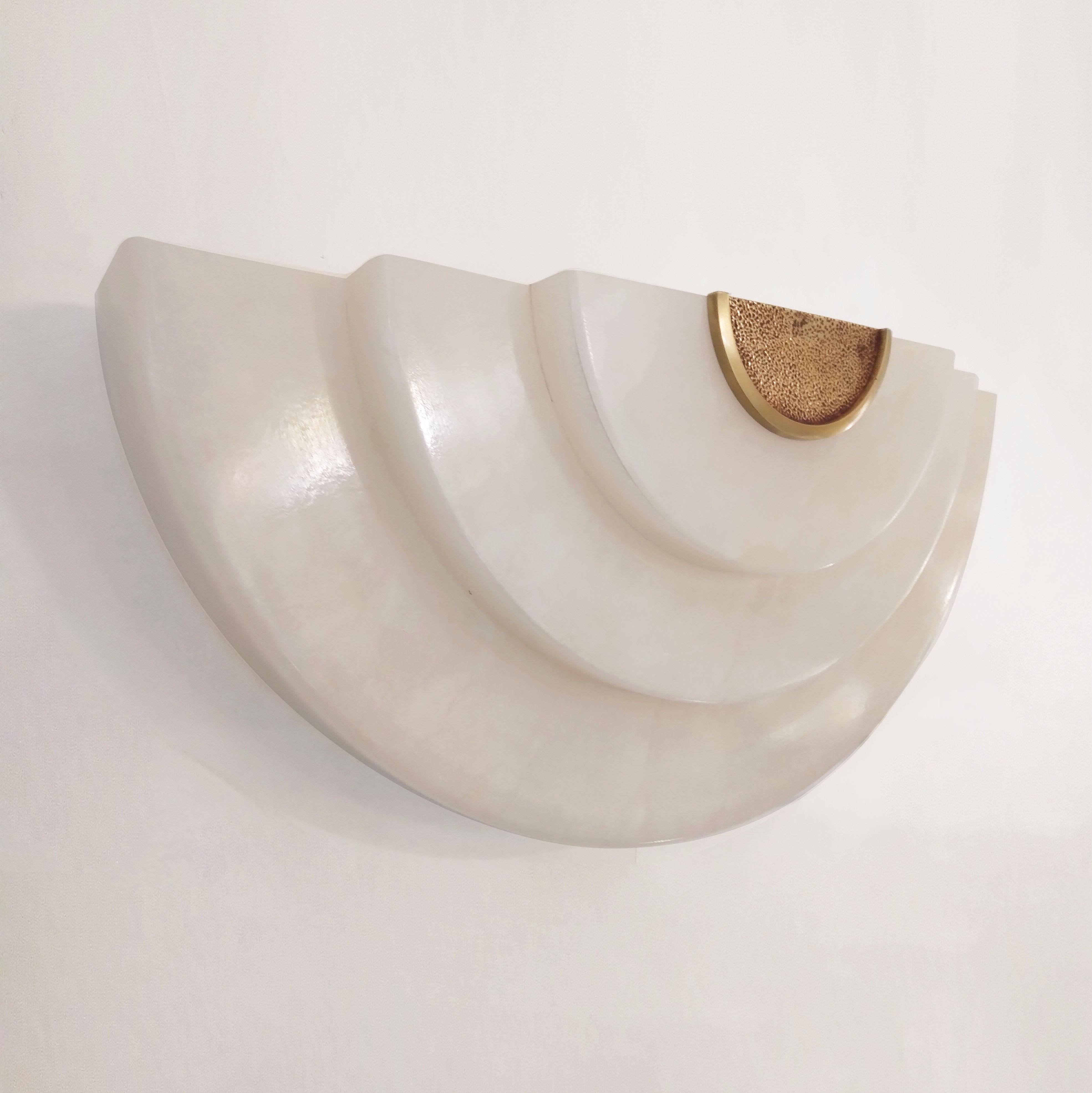 Art Deco Contemporary European Half Moon Pair of Cream Alabaster & Brass Modern Sconces  For Sale