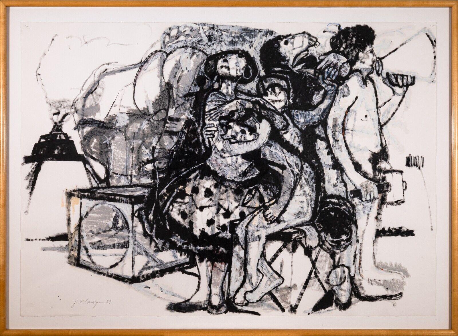 A contemporary expressive mixed-media painting on paper depicting an artistic group of figures. Hand signed in pencil on the bottom right and dated 1989. A unique painting in a modern or contemporary space. From a private collection who originally
