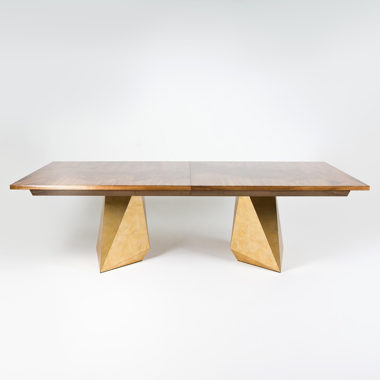 British Contemporary Extending Dining Table in Walnut with Brass effect legs, seats 8-14 For Sale