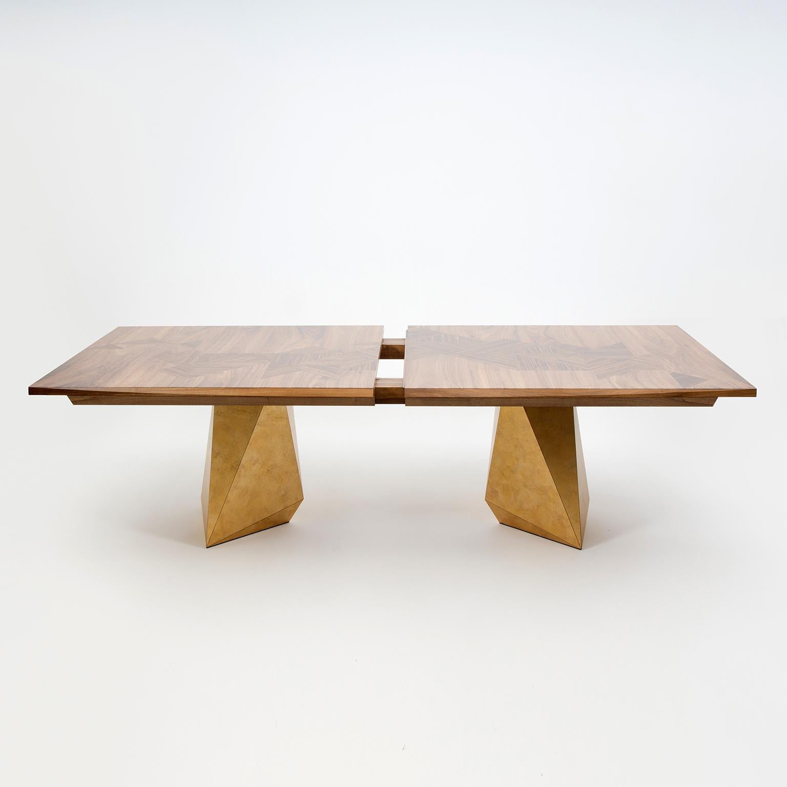Oiled Contemporary Extending Dining Table in Walnut with Brass effect legs, seats 8-14 For Sale